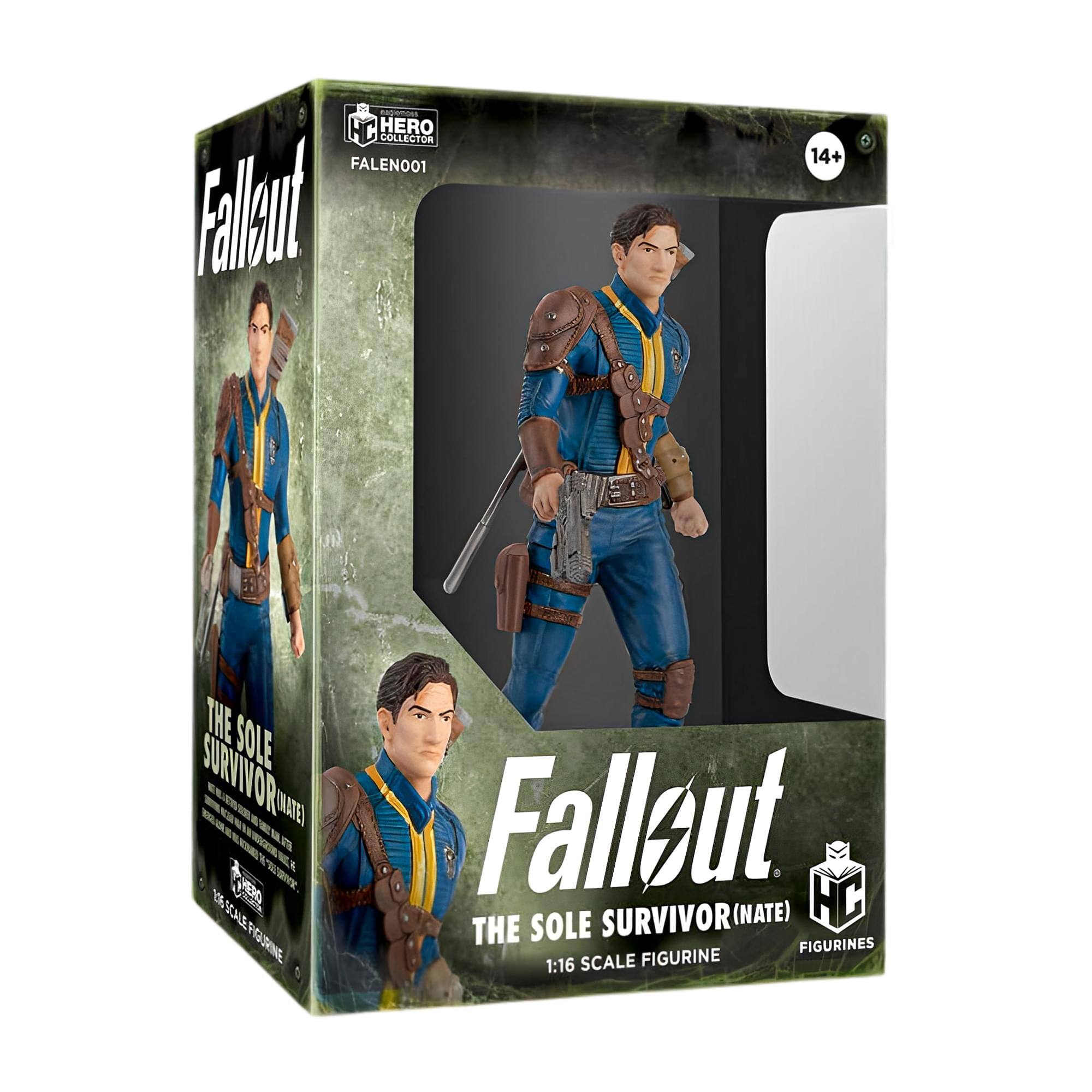Sure, here is the corrected and grouped text from the image:

---

**Fallout**

**THE SOLE SURVIVOR (NATE)**

**1:16 SCALE FIGURINE**

**14+**

**HERO COLLECTOR**

**FALENO01**

**HC**

**FIGURINES**

---

This text is taken from the packaging of the "Fallout: The Sole Survivor (Nate)" 1:16 scale figurine.