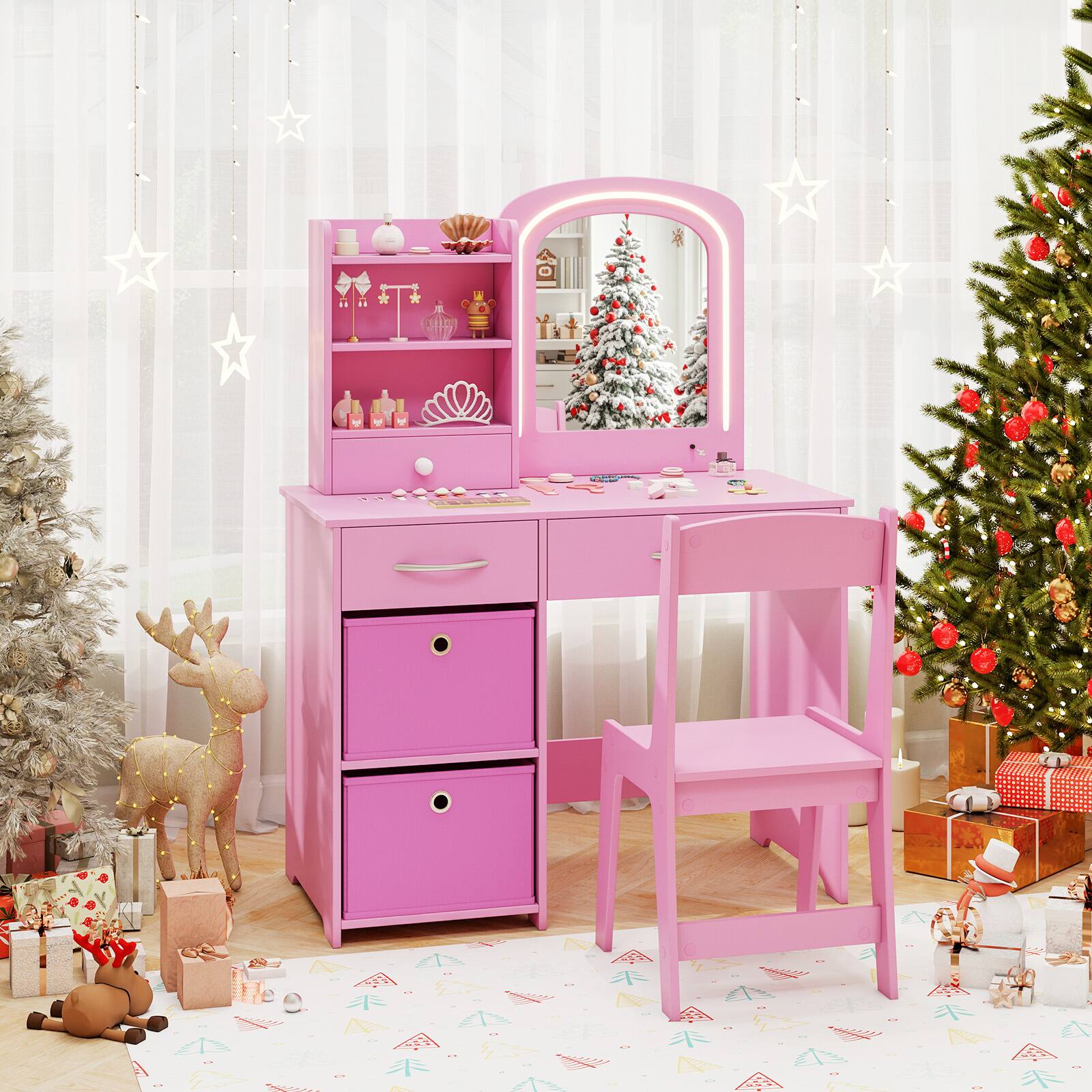 Alt View 3. Gymax - Gymax Kids Vanity Set Princess Makeup Desk & Chair w/ Mirror & Lights Open Shelves Pink - Pink.