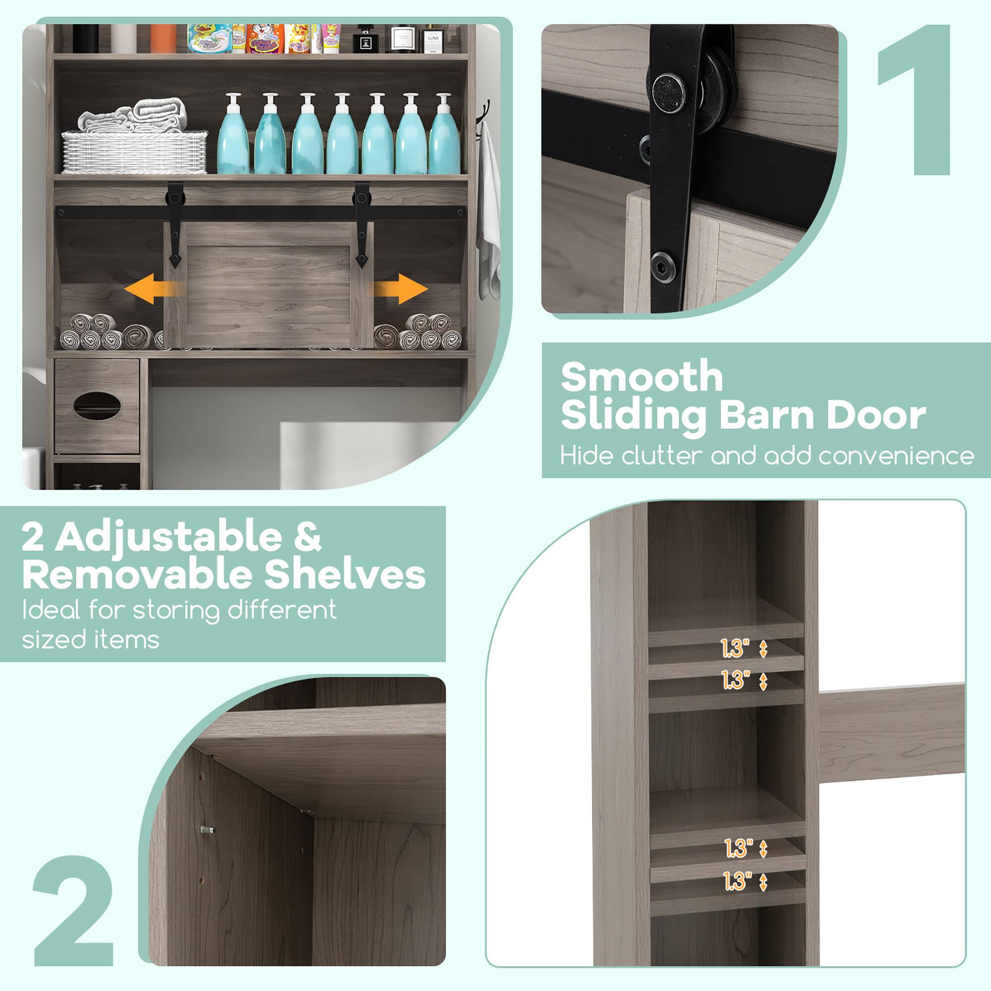 1. Smooth Sliding Barn Door  
   Hide clutter and add convenience

2. Adjustable & Removable Shelves  
   Ideal for storing different sized items  
   13"