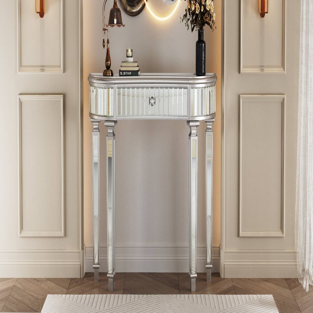 Alt View 4. Loheer - Loheer 47 inch half moon mirrored console table silver entryway vanity desk with drawer - Grey, Silver.