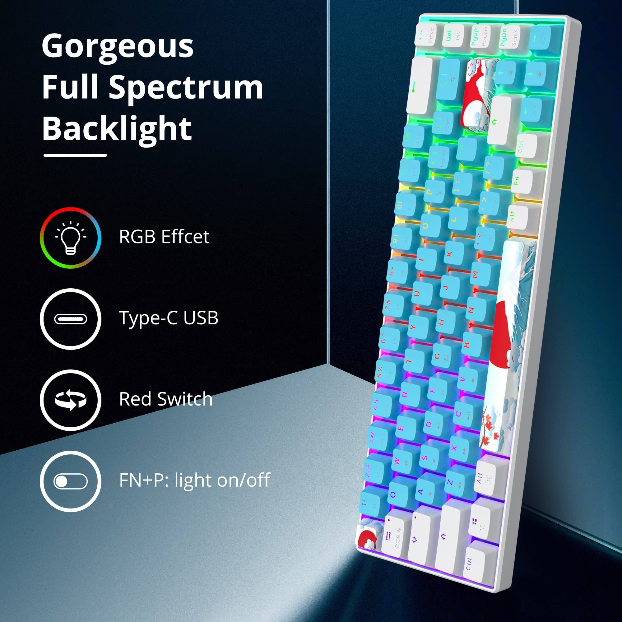 Gorgeous Full Spectrum Backlight

- RGB Effect
- Type-C USB
- Red Switch
- FN+P: light on/off
