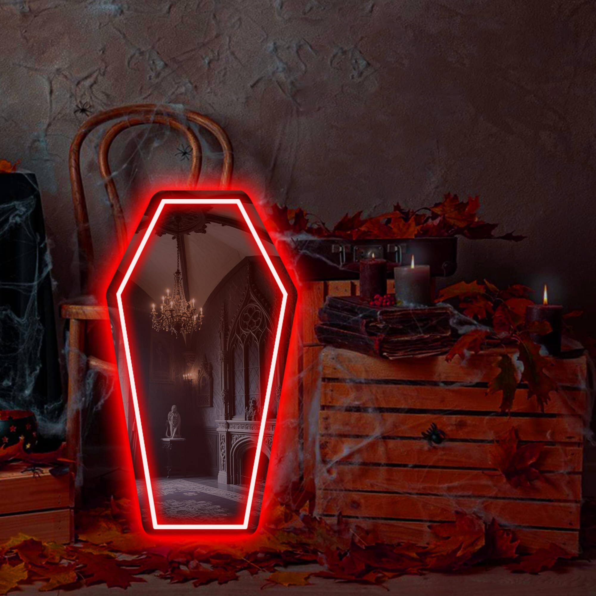 Alt View 1. Cedar Assembly - Coffin Mirror Neon Sign Signs For Wall Decor Goth Gift Lovers Make-up Whimsical Home 17" 9 44" Unique - Gothic Window Mirror.