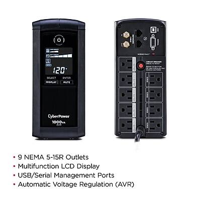 - 120 SELECT ENTER DISPLAY MUTE CyberPower 1000 RVM

- 9 NEMA 5-15R Outlets
- Multifunction LCD Display
- USB/Serial Management Ports
- Automatic Voltage Regulation (AVR)