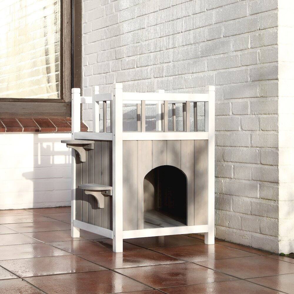 Left. TRIXIE - Natura 1-Story Weatherproof Elevated Outdoor Cat Shelter with Balcony, Gray - Gray/White.