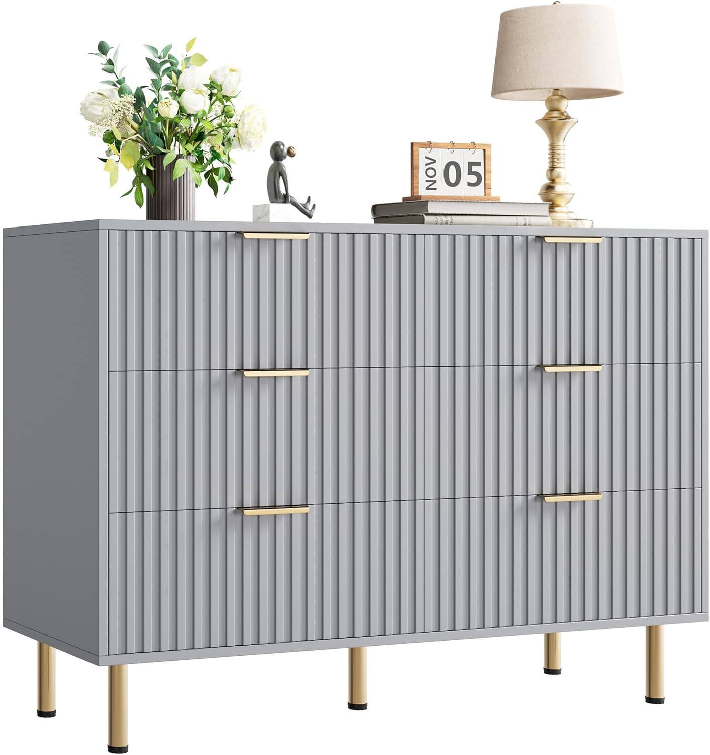 Alt View 1. Homhougo - Zebra 6-Drawer Cabinet, Honeycomb Design, Gold Handles, Gray Storage Solution - Matt Gray.