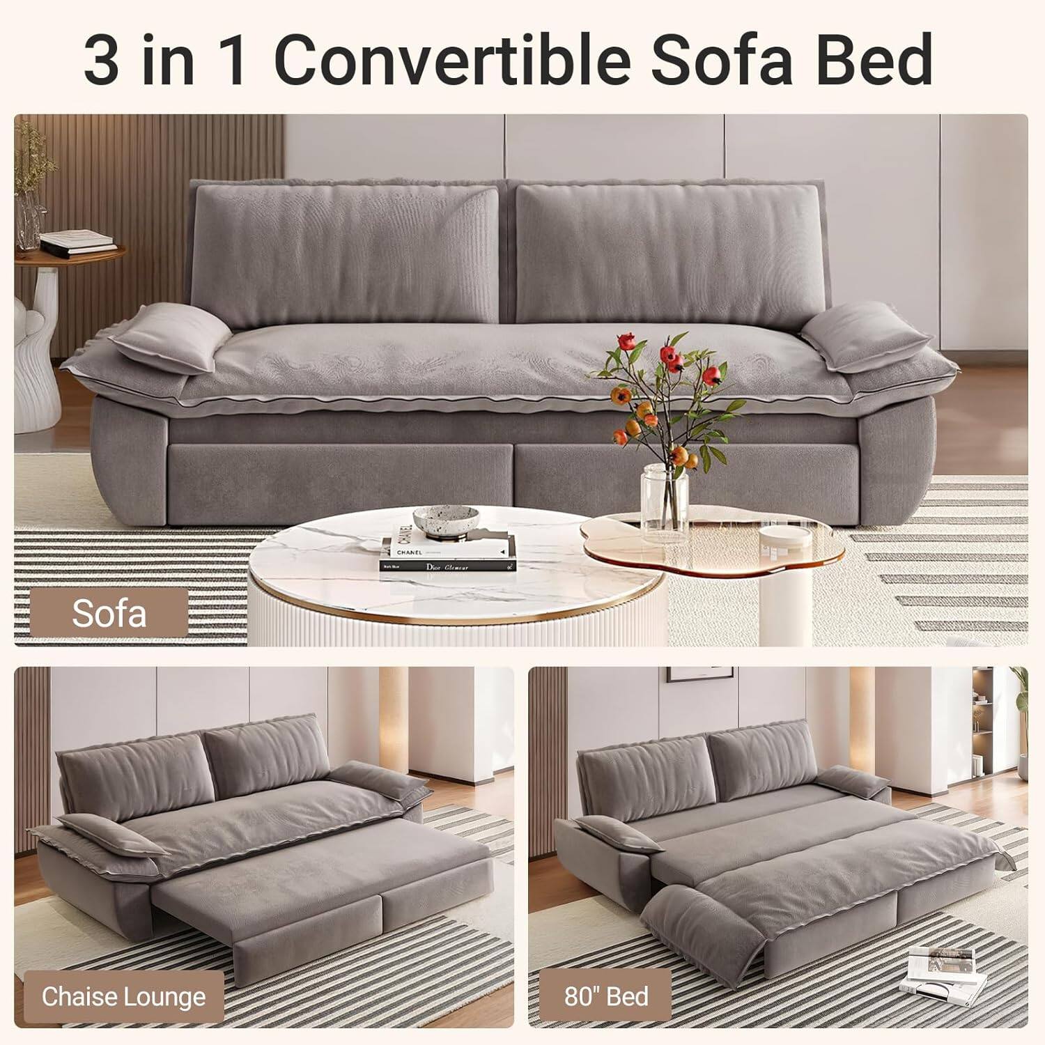 3 in 1 Convertible Sofa Bed

Sofa

Chaise Lounge

80" Bed