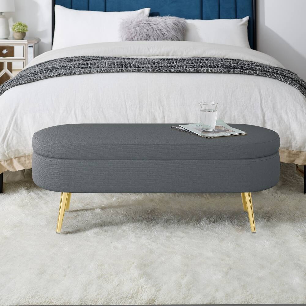 Back. Ropilly - Ropilly Oval Storage Ottoman Bench, Dark Gray Flannel Extra Seating with Metal Legs - Dark Gray.