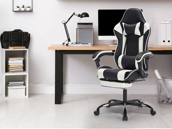 Alt View 8. Siljoy - Black White Gaming Chair with Footrest & Massage Lumbar Support - Ergonomic Computer Chair Adjustable 90°-135° - Black White.
