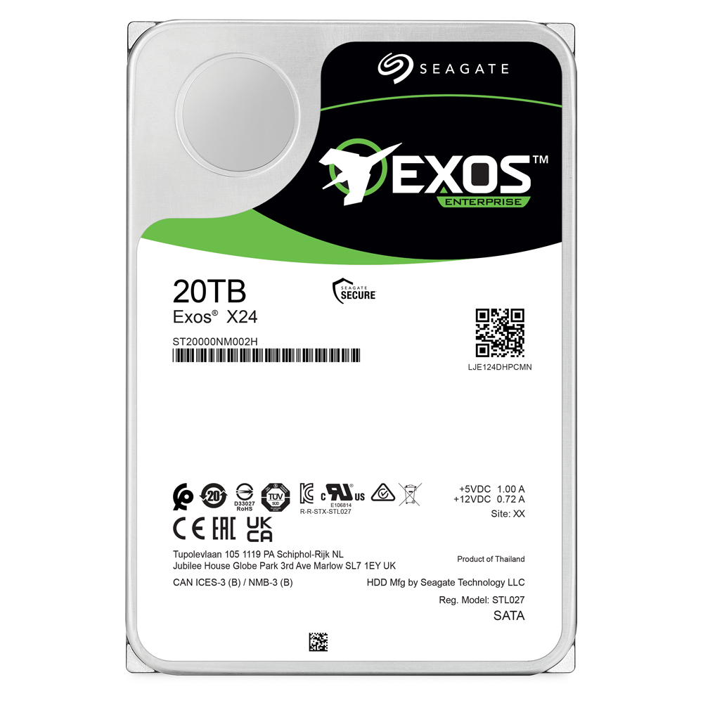 SEAGATE TM EXOS ENTERPRISE 20TB Exos X24 SECURE ST20000NM002H LJE124DHPCMN +5VDC 1.00 A +12VDC 0.72 A Site: XX CE EAC UK TUV E IC US L7 1EY UK Product of Thailand Tupolevlaan 105 1119 PA Schiphol-Rijk NL CAN ICES-3 (B) / NMB-3 (B) HDD Mfg by Seagate Technology LLC Reg. Model: STL027 SATA