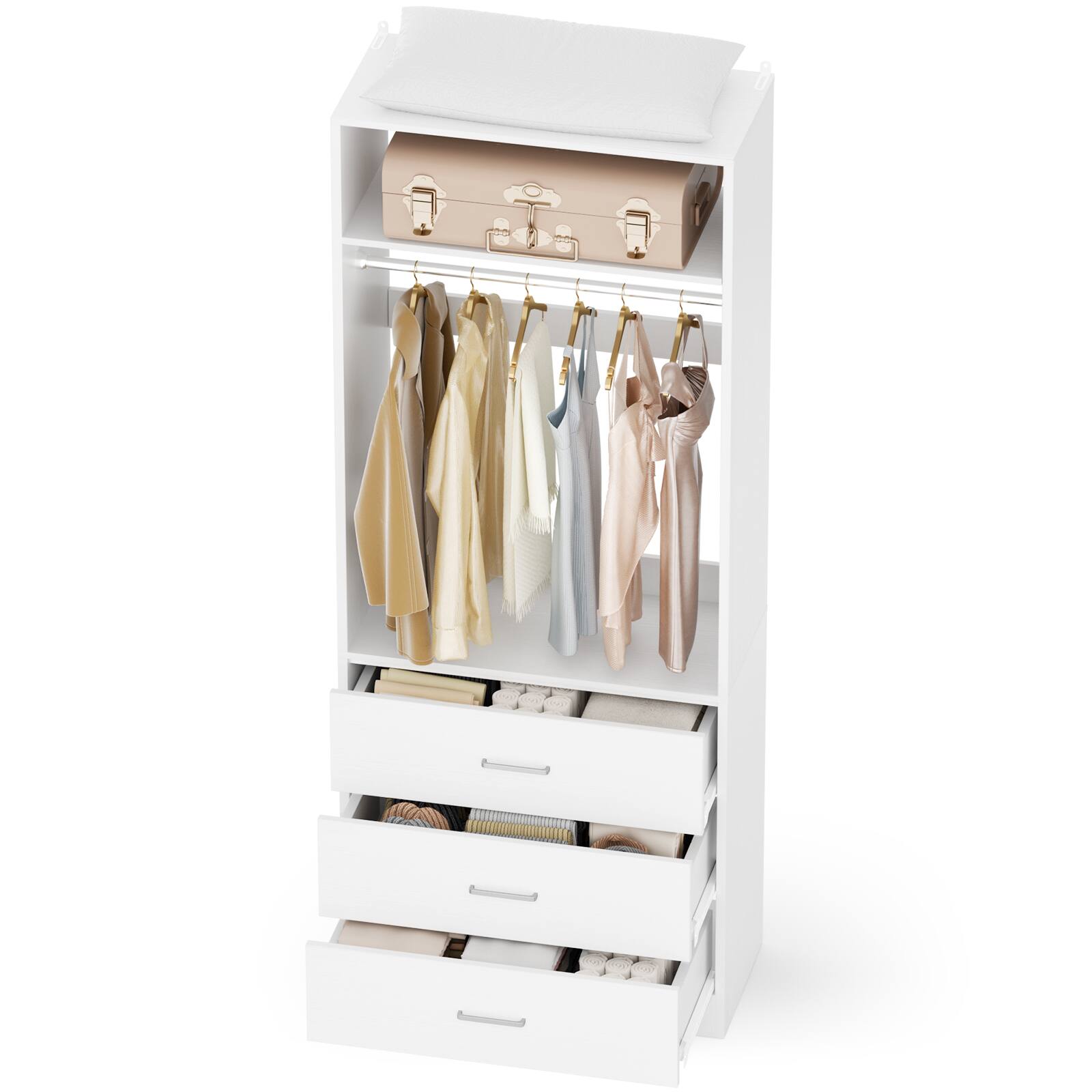 Back. Aheaplus - 24" Freestanding Closet System,3 Wood Drawers, Hanging Rod & Shelves - Space-Saving Organizer for Small Closets - White.