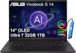 ASUS - Vivobook S 14 14" 2K FHD+ OLED AI Laptop - Intel Core Ultra 7 258V - 32GB Memory - 1TB SSD - Copilot+ PC - Black