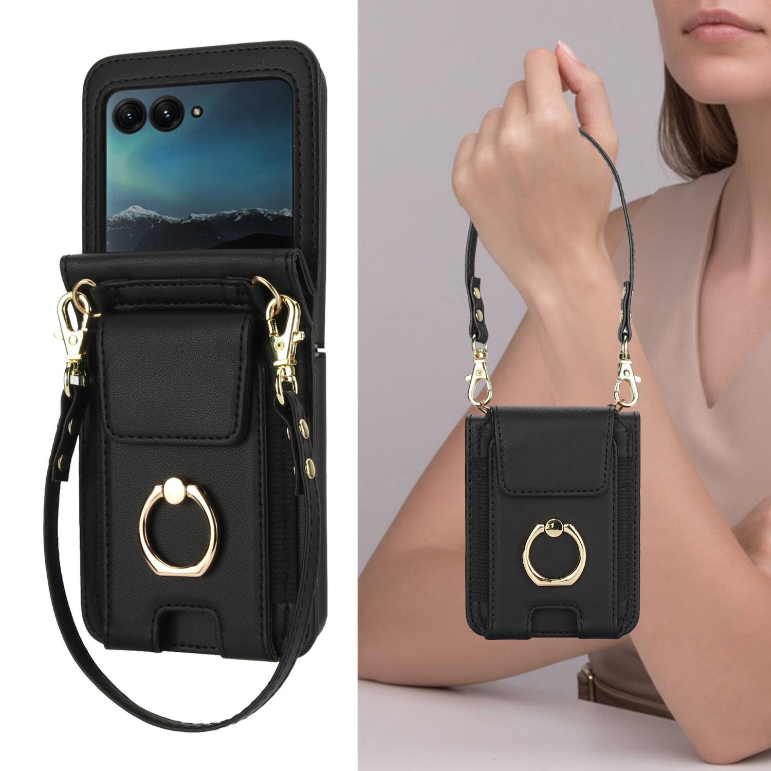 Alt View 4. Dteck - For Samsung Galaxy Z Flip8 Shockproof Leather Ring Kickstand Protective Wallet Case with Shoulder Strap / Lanyard - Black.
