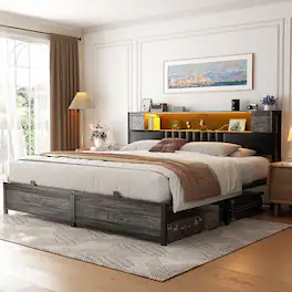 Aheaplus - Modern Bed Frame: Power Outlet & LED Lights, Headboard Storage, Quiet Support - Black Oak