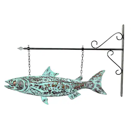 Front. Contrast Inc. - 30in Metal Salmon Hanging Wall Bracket Verdigris Copper Coastal Outdoor Decor - Multicolored.