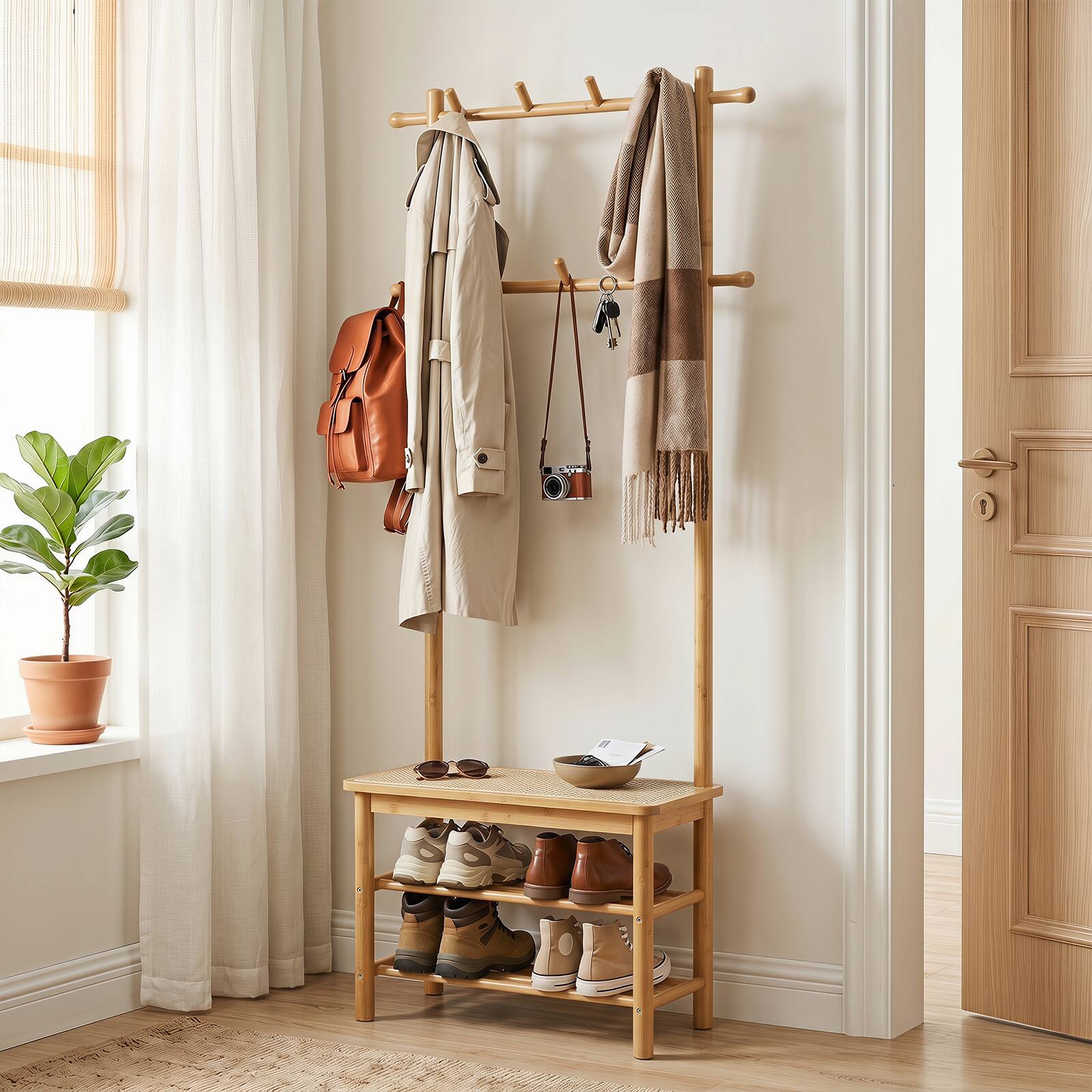 Alt View 3. Costway - Costway Bamboo Coat Rack with Bench Shoe Storage 2 Hanging Rods 11 Hanging Hooks Shelves - Beige.