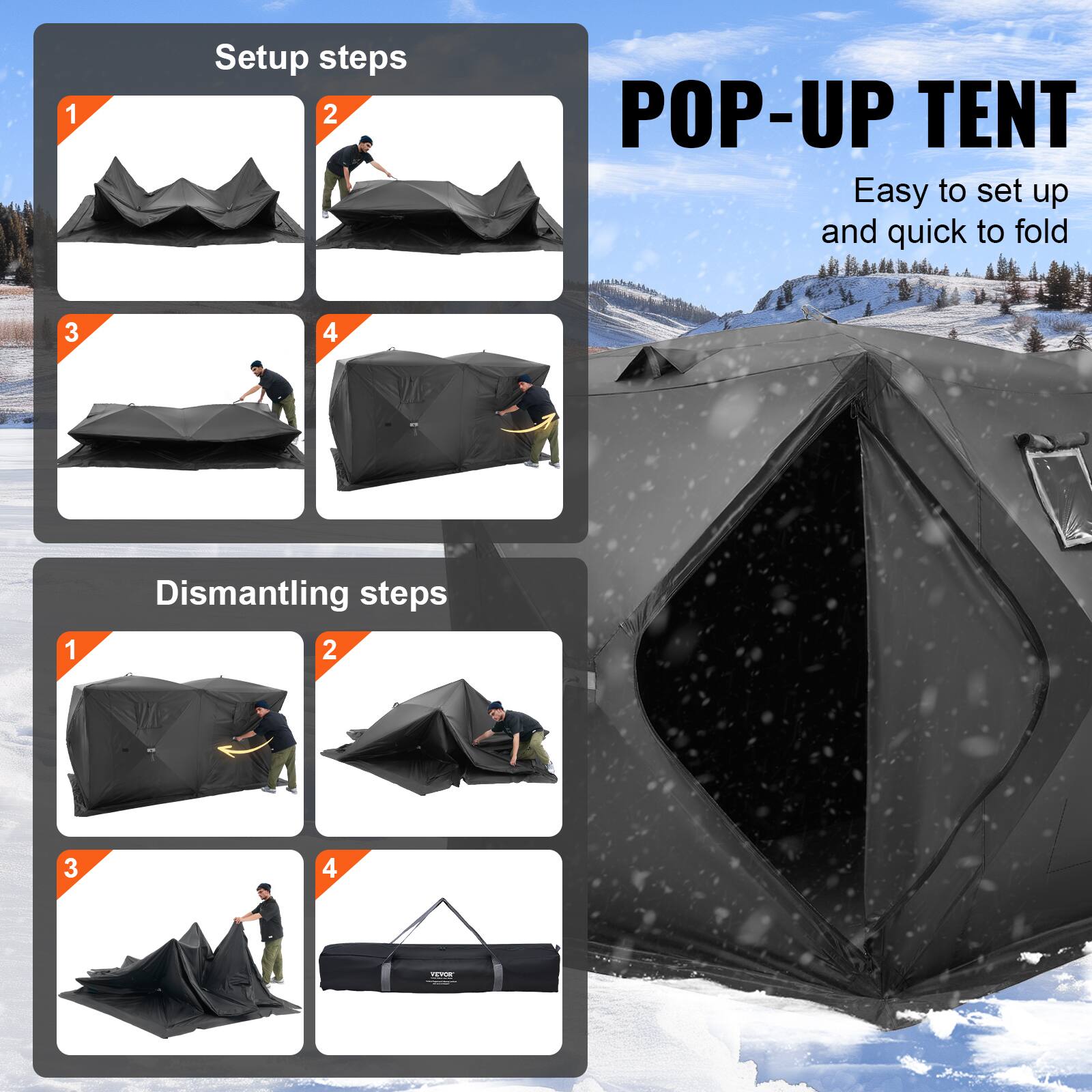 **Setup steps**

1. [Image of tent partially set up]
2. [Image of tent being adjusted]
3. [Image of tent being further adjusted]
4. [Image of fully set up tent]

**POP-UP TENT**

Easy to set up and quick to fold

**Dismantling steps**

1. [Image of tent being collapsed]
2. [Image of tent being folded]
3. [Image of tent being further folded]
4. [Image of tent fully packed into a bag]