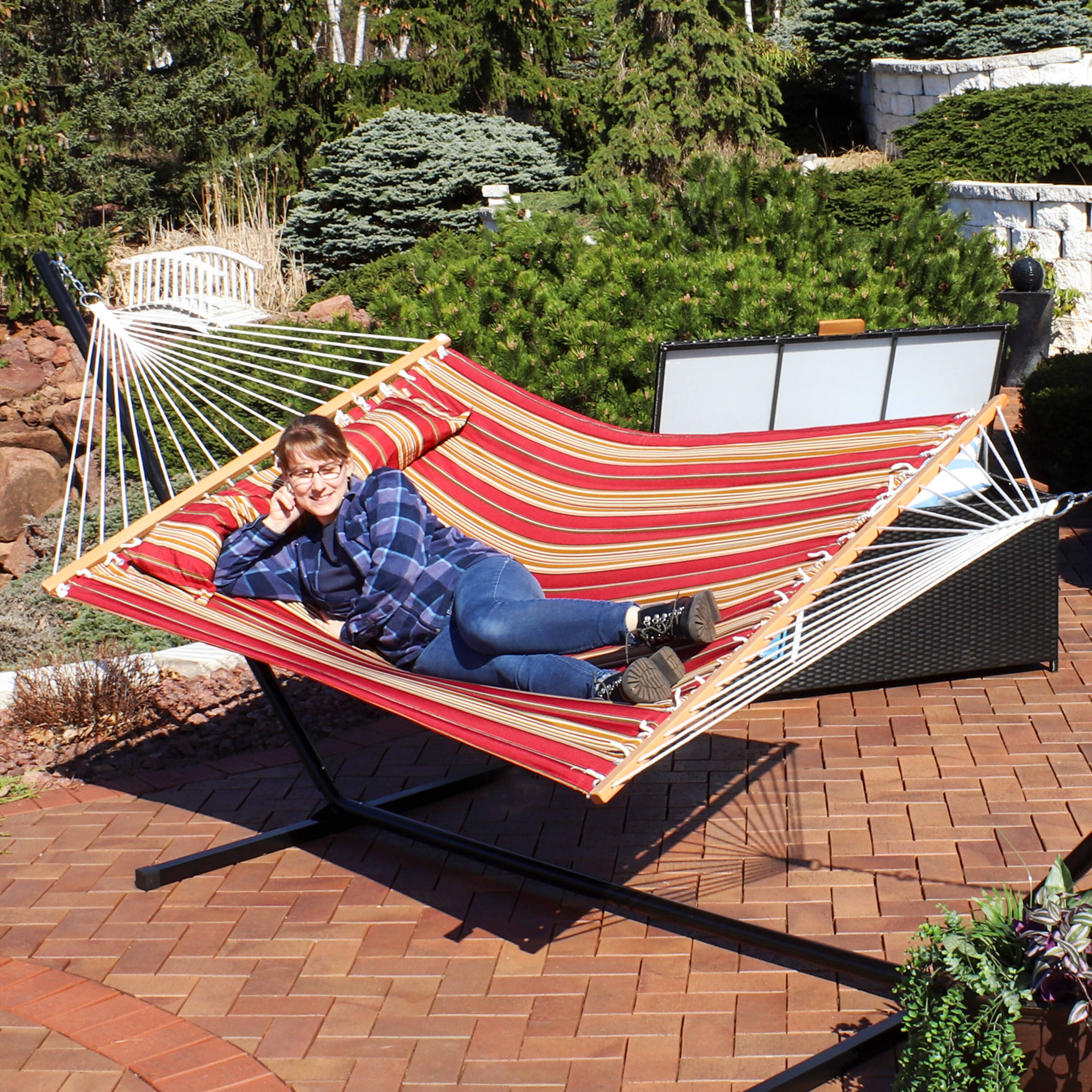 Alt View 8. Sunnydaze - Large Quilted Hammock with Spreader Bar and Pillow - Red Stripe.