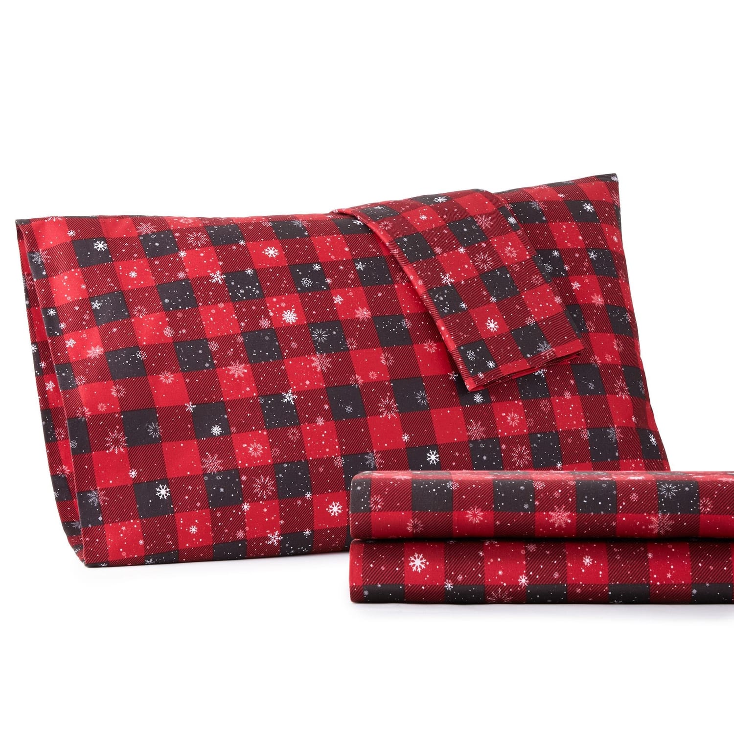 Shavel Home Products - Shavel 100% Polyester Luxury Micro Flannel Printed Deep-Pocket Buffalo Check Snowflakes Sheet Set Queen - Red
