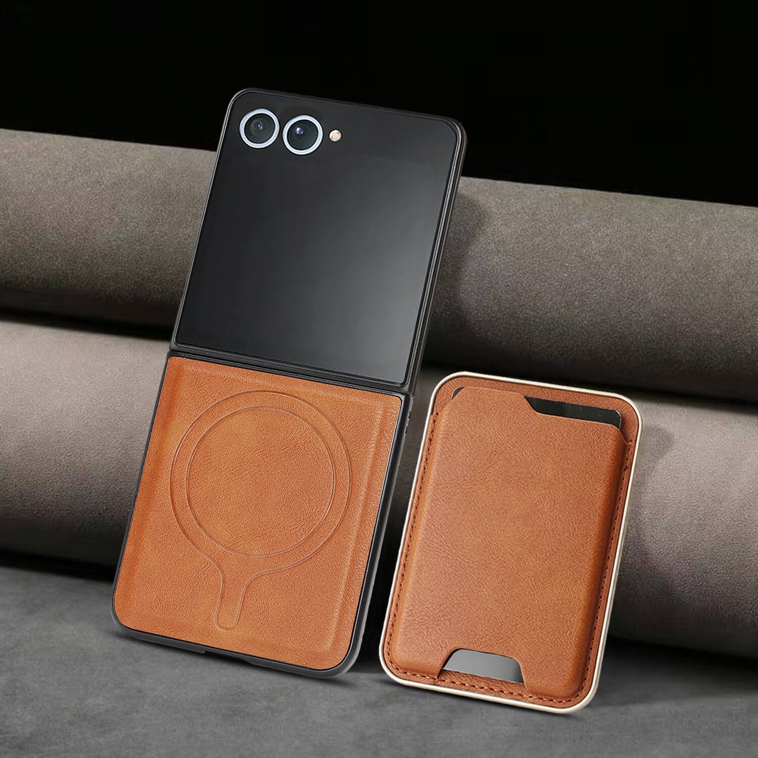 Alt View 4. Dteck - 2-in-1 Magnetic Detachable Wallet Case for Samsung Galaxy Z Flip7, Shockproof PU Leather Phone Cover with Card Holder - Brown.