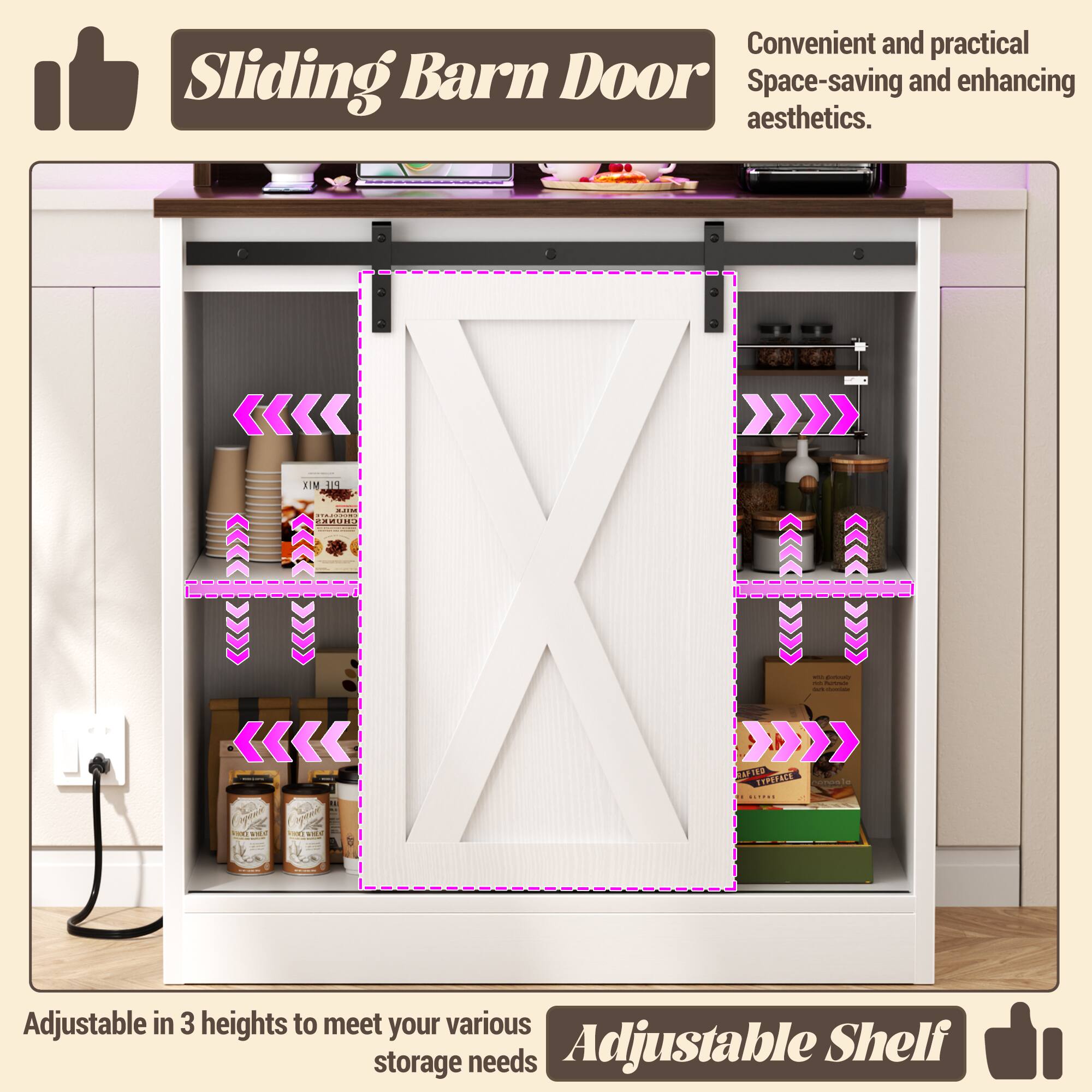 Convenient and practical Sliding Barn Door Space-saving and enhancing aesthetics. Adjustable in 3 heights to meet your various storage needs Adjustable Shelf