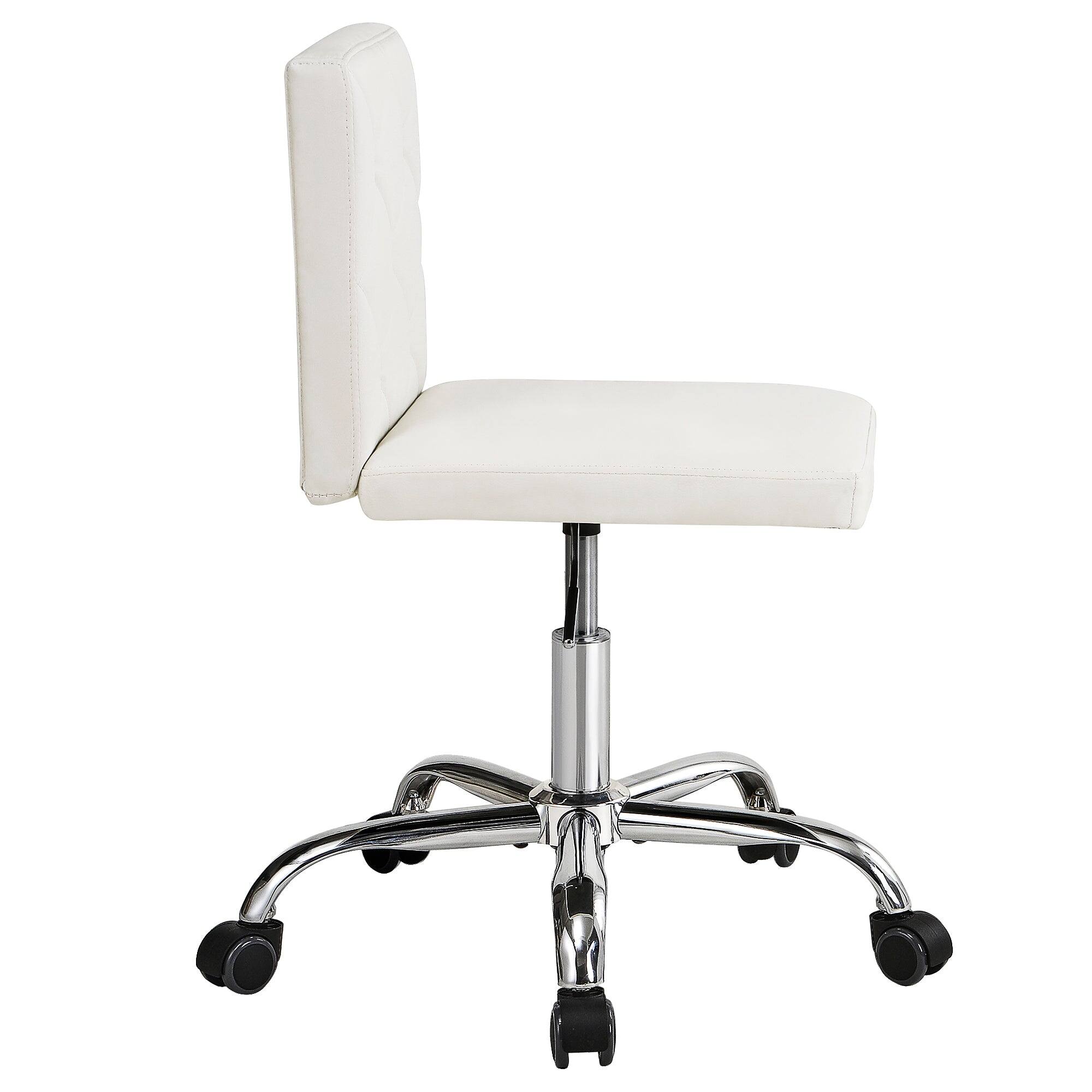 Alt View 4. Vecelo - White PU Leather Armless Office Chair - Adjustable Height with SGS Lift, 5-Wheel Swivel & Button-Tufted Back - White.