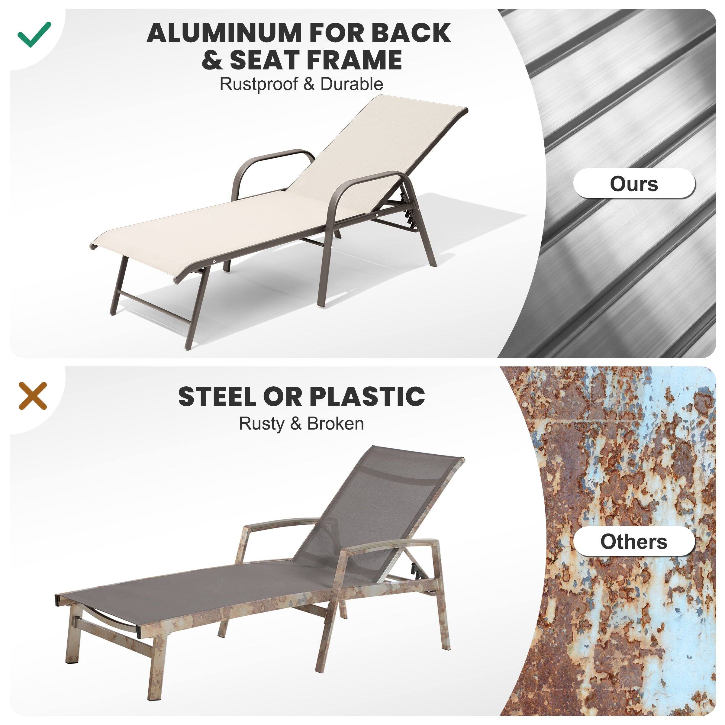 ALUMINUM FOR BACK & SEAT FRAME  
Rustproof & Durable  
Ours  

STEEL OR PLASTIC  
Rusty & Broken  
Others