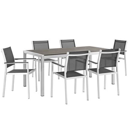 Front. Modway - Shore 7-Piece Outdoor Aluminum Patio Dining Set - Seats 6, Anodized Brushed Aluminum Frame - Silver Black.