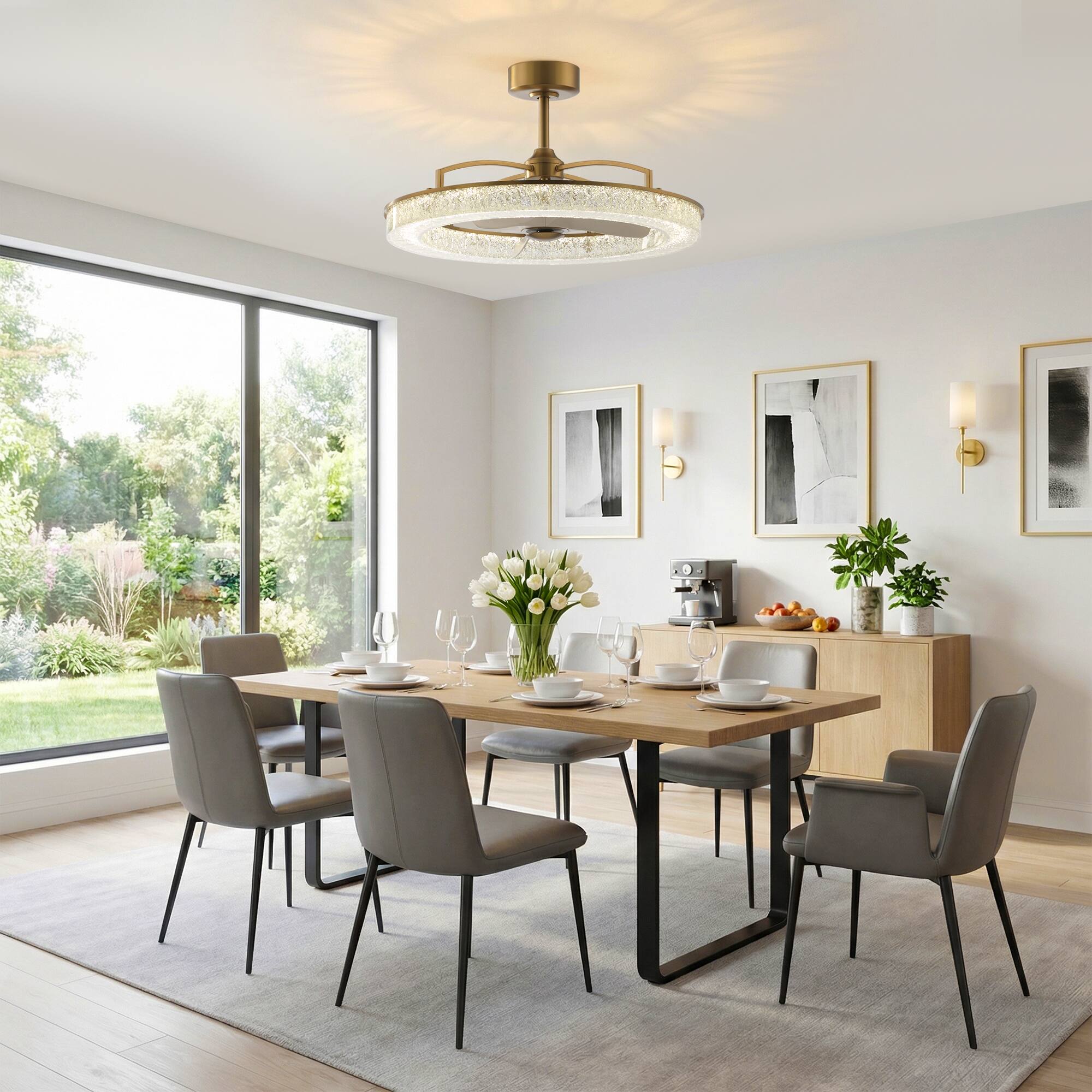 Left. Perimost - 33" Modern Gold Resin Ceiling Fan Chandelier with Remote and DC Reversible Motor - Gold.