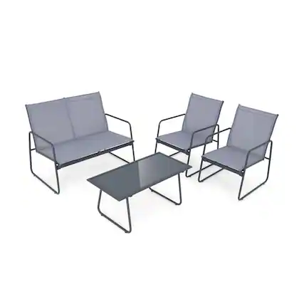 Front. Boyel Living - Gray 4 Pieces of Metal Patio Furniture Chat Set with Tempered Glass Coffee Table 41.5-in L x 21.5-in W x 33.5-in H - Gray.