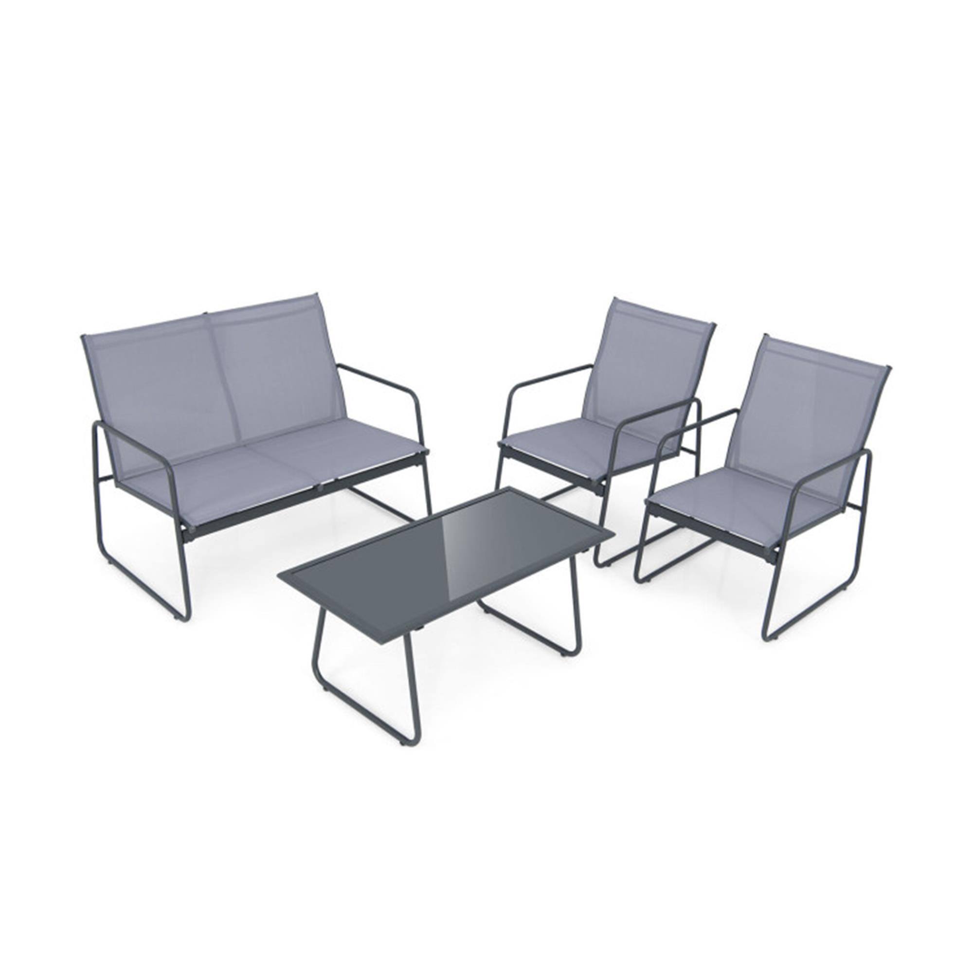 Front. Boyel Living - Gray 4 Pieces of Metal Patio Furniture Chat Set with Tempered Glass Coffee Table 41.5-in L x 21.5-in W x 33.5-in H - Gray.