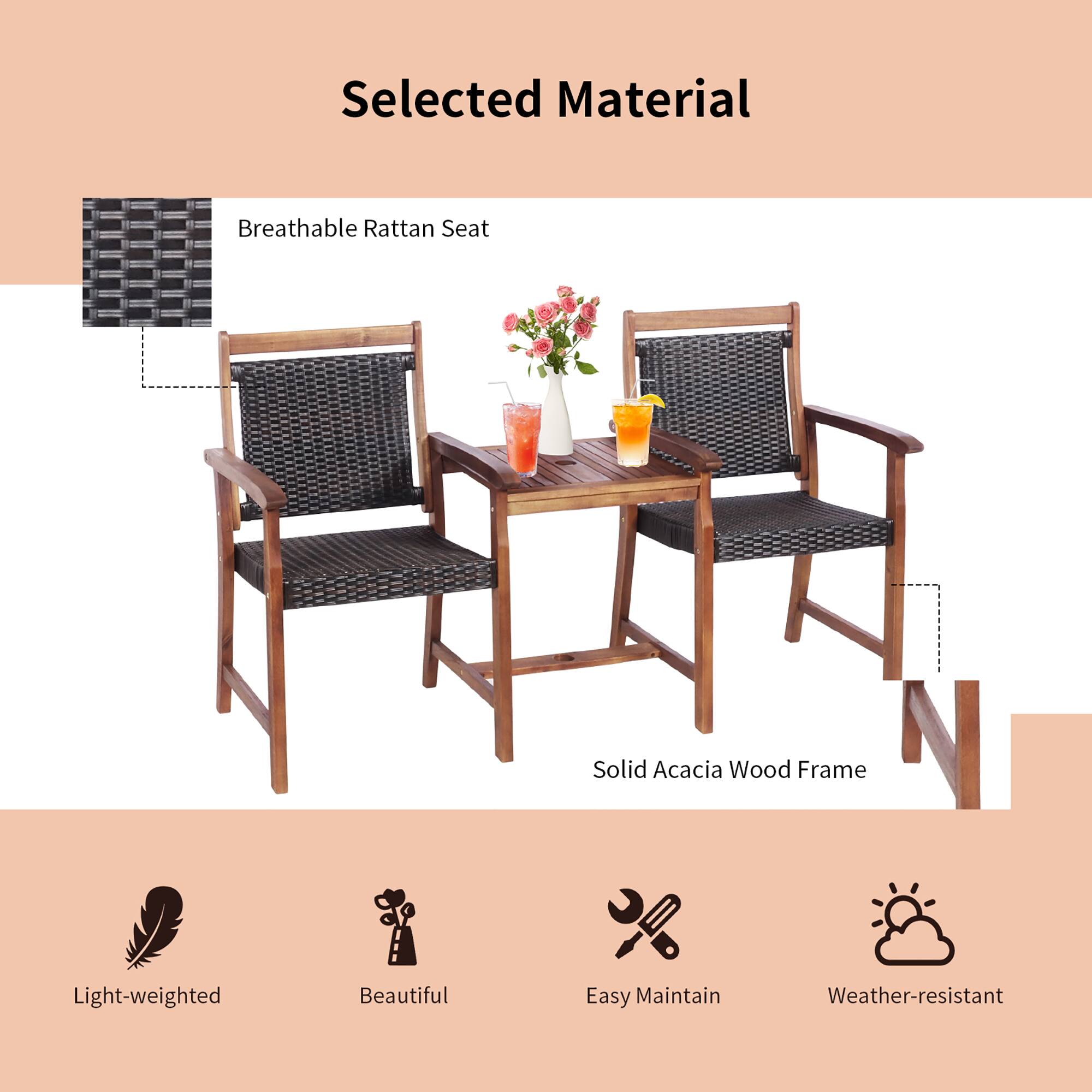 Selected Material

- Breathable Rattan Seat
- Solid Acacia Wood Frame

Features:
- Light-weighted
- Beautiful
- Easy Maintain
- Weather-resistant
