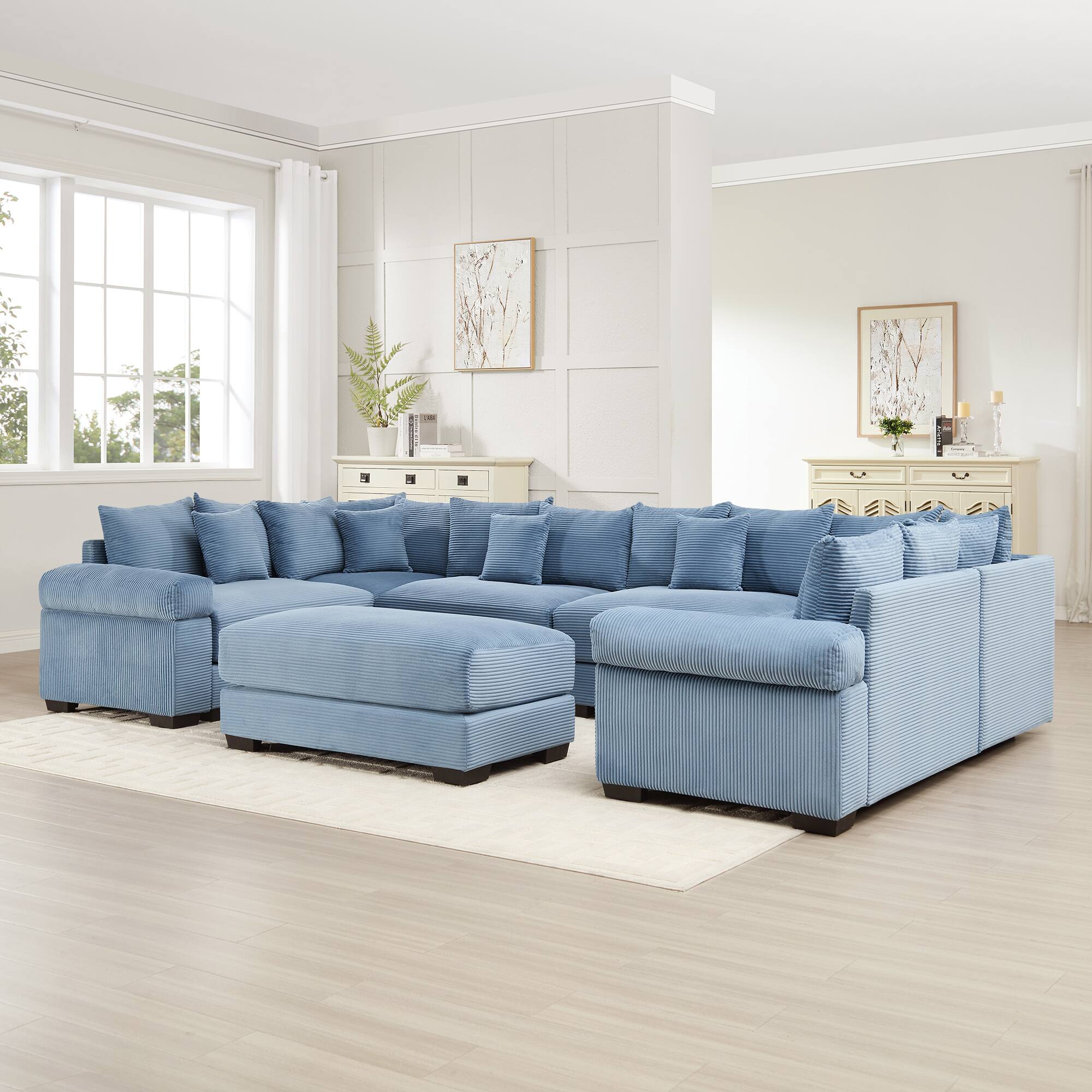 Angle. LOVMOR - Corduroy Sectional Couch Modular Storage Ottoman Compressed Pack For Living Room Bedroom Den Soft Lounge TV XL - Blue.