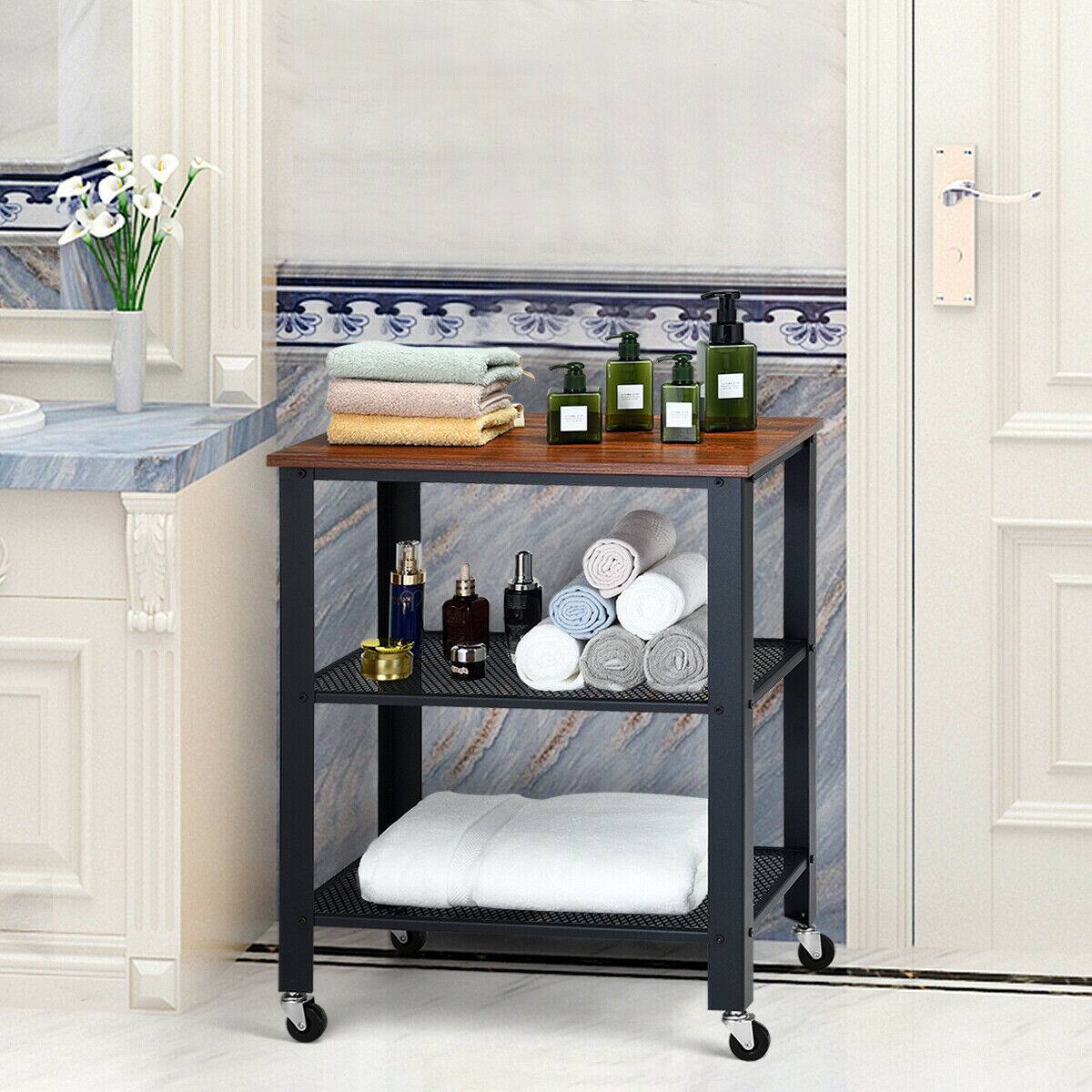 Alt View 2. Gymax - Gymax 3-Tier Industrial Serving Cart Kitchen Utility Cart on Wheels w/Storage Black - Black.
