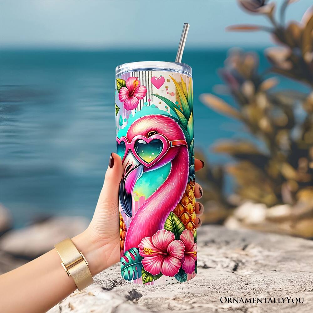 Back. OrnamentallyYou - Tropical Flamingo Pineapple Hibiscus 20oz Tumbler With Lid and Stainless Steel Straw - Multicolored.