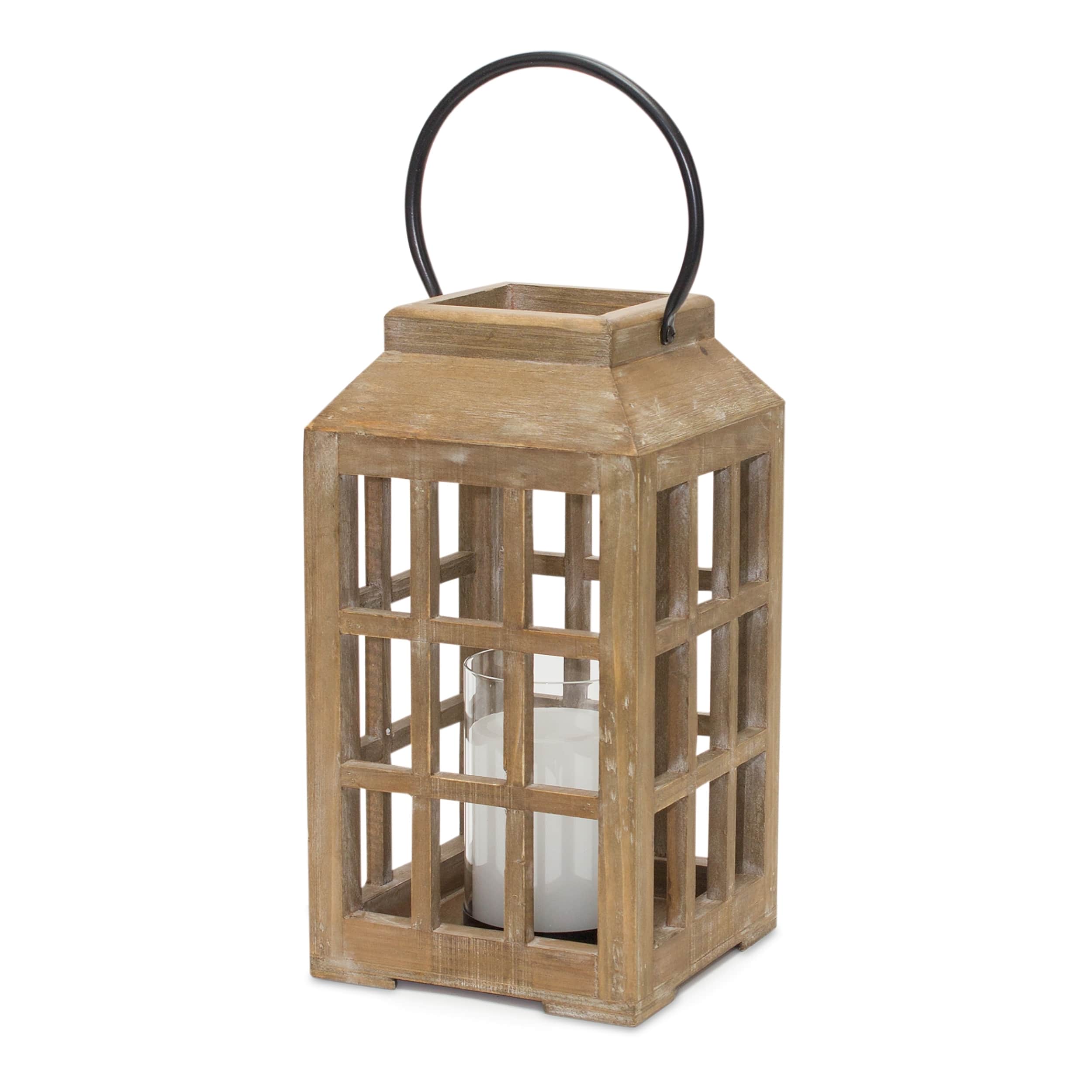 BreeBe - Natural Wooden Lantern with Glass Hurricane - Brown, Black