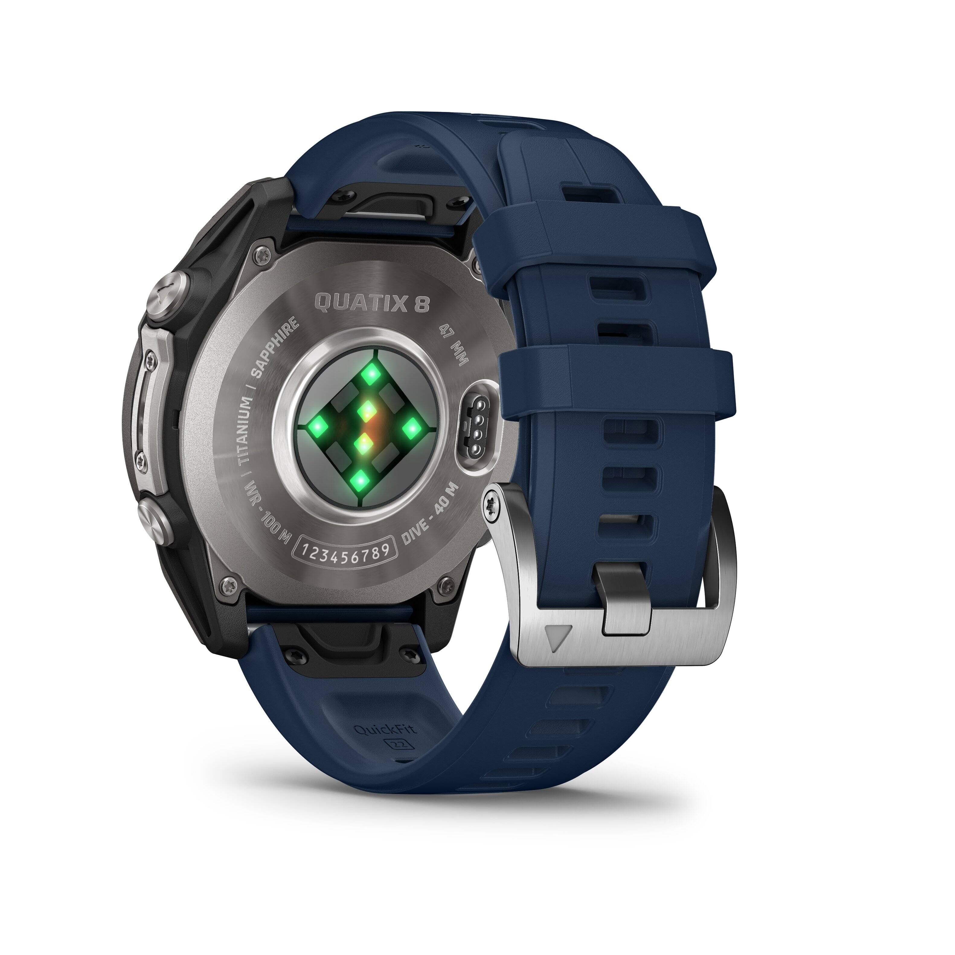 The text on the image reads "QUATIX 8 47 SAPPHIRE MM - TITANIUM I WR  40 100 DIVE M 123456789 QuickFit 2."