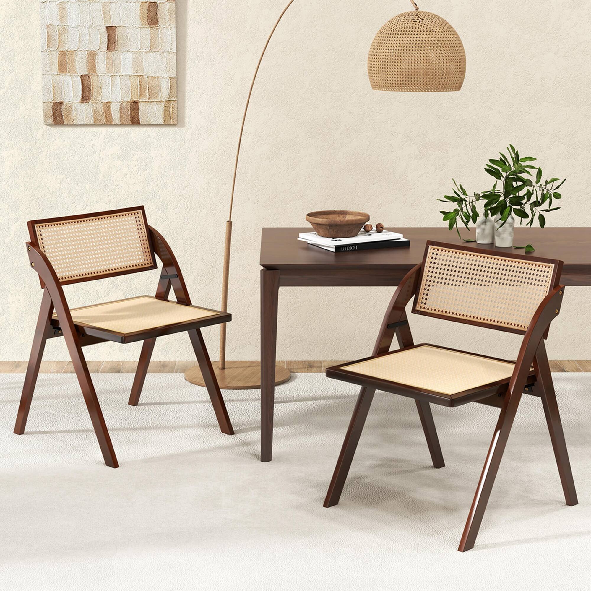 Alt View 1. Costway - Costway Foldable Dining Chairs Set of 4 with Woven Rattan Backrest & Seat Rubber Wood Frame - Brown.