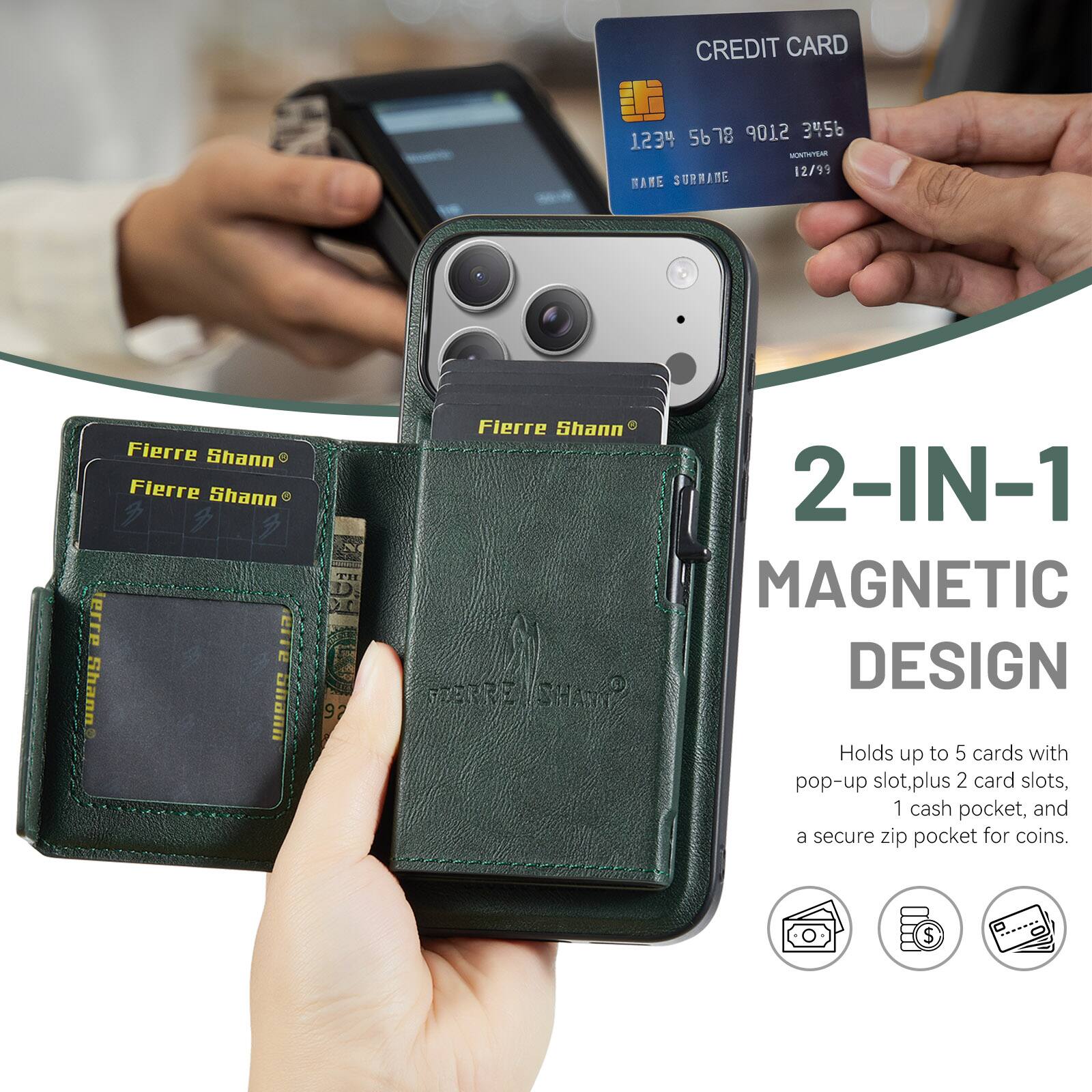 CREDIT CARD 5678 9012 3456 1234  
MONTHLY 12/99  
NAME SURNAME Fierre Shann  

Fierre Shann  
Fierre Shann  
Fierre Shann  

2-IN-1 MAGNETIC DESIGN  
Holds up to 5 cards with pop-up slot, plus 2 card slots, 1 cash pocket, and a secure zip pocket for coins.