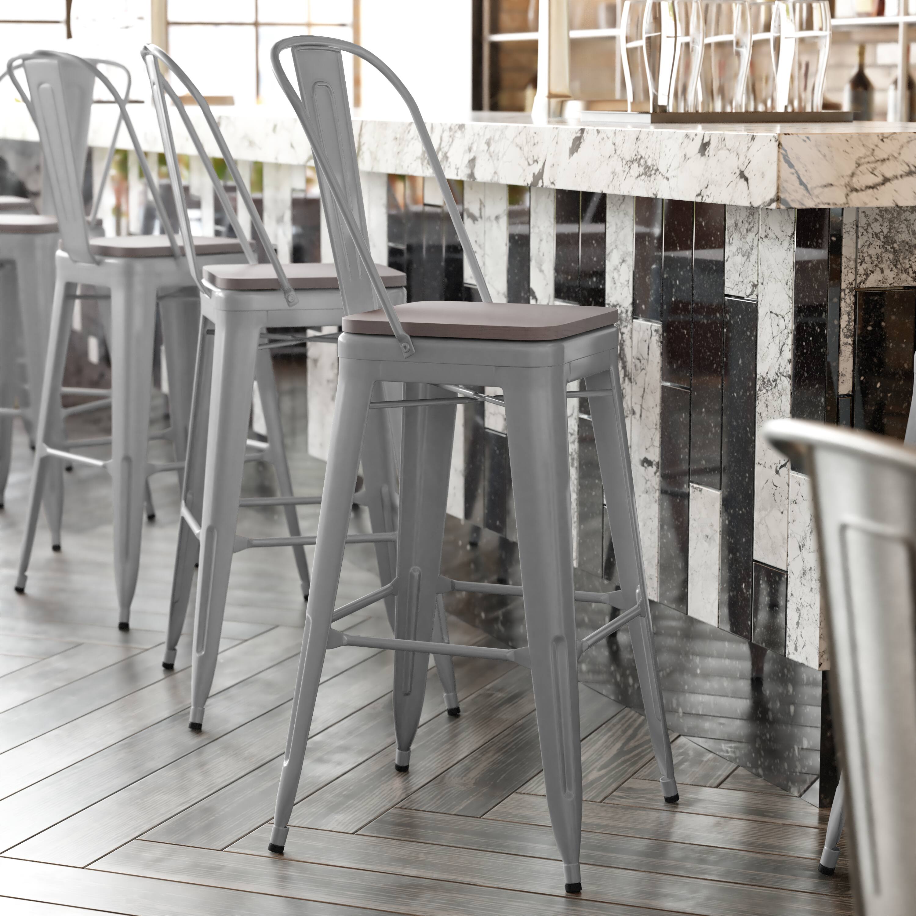Alt View 1. Emma + Oliver - Kam Metal Indoor-Outdoor Stool with Removable Back and All-Weather Polystyrene Seat - Gray Seat/Silver Frame.