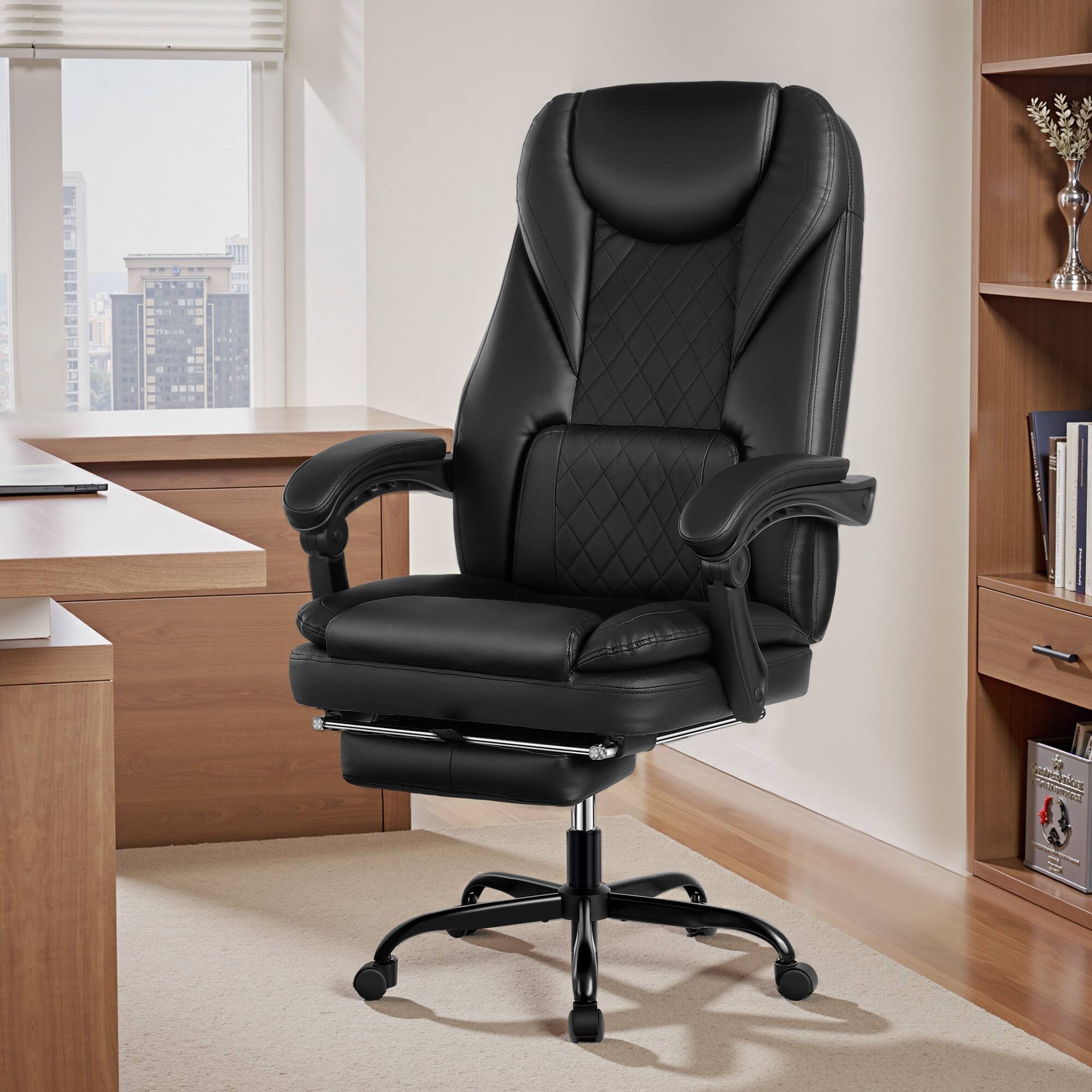 Alt View 6. Brick Attic - High-Back Genuine Leather Executive Office Chair, Reclined, with Wumbar Support and Footrest, 300 lbs Weight Capacity - Black.