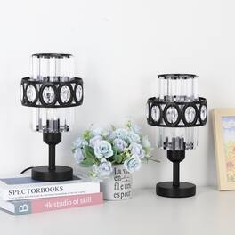 Oumilen - Set of 2 Modern Crystal Table Lamps, 11in Tall, Black Metal Base, E26 Socket, Bulbs Not Included