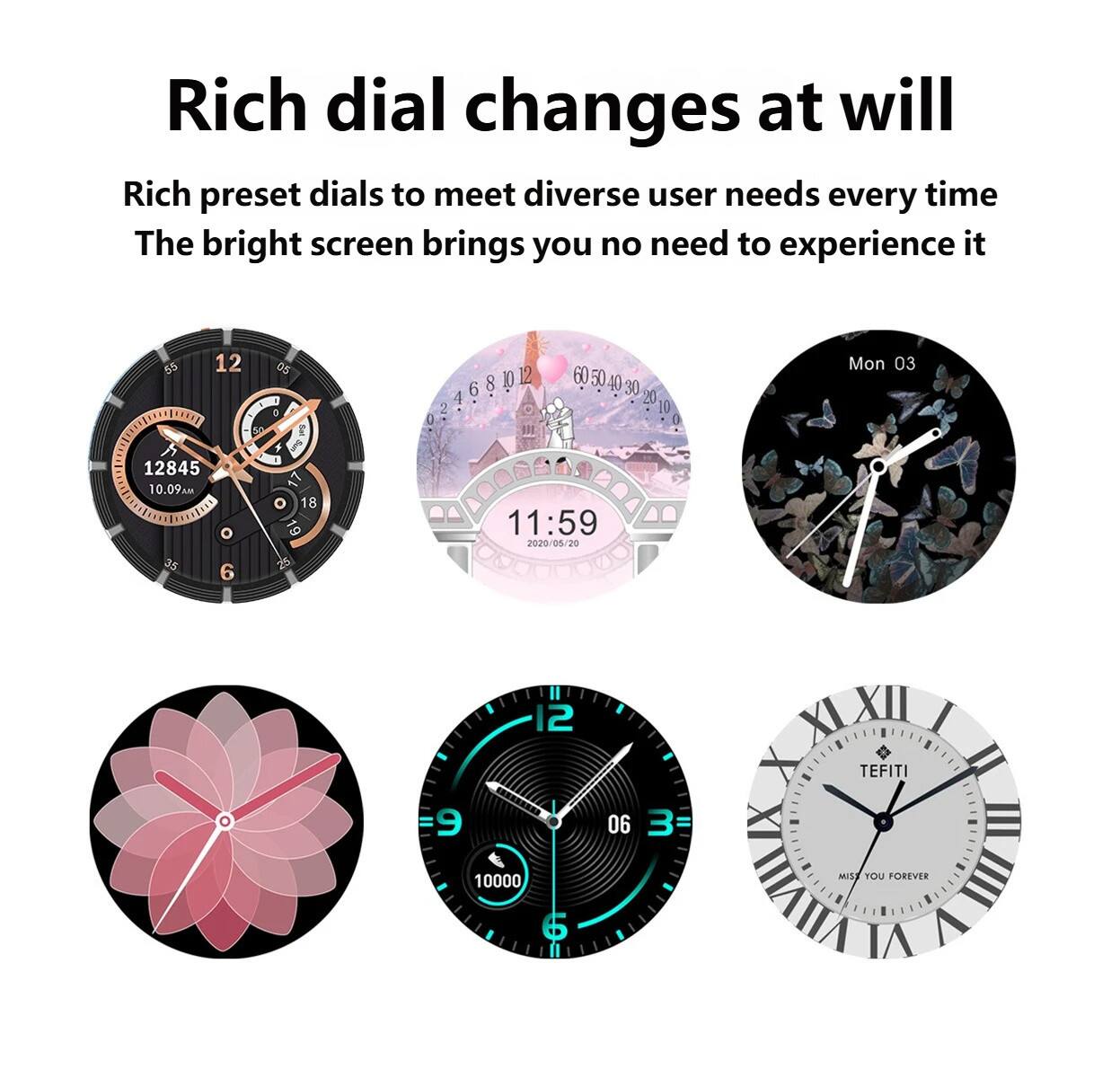Rich dial changes at will  
Rich preset dials to meet diverse user needs every time  
The bright screen brings you no need to experience it  

55 12 05 5 0 2 8 3O 12 6 4 I 60 50 40 30 20 10  
Mon 03 12845 10.09 o 25 6 17 o 18 19 25 11:59 2020/05/20 2 9 10000 6 06 3 XI XII I TEFITI II X III Mida YOU FOREVER IIII VI