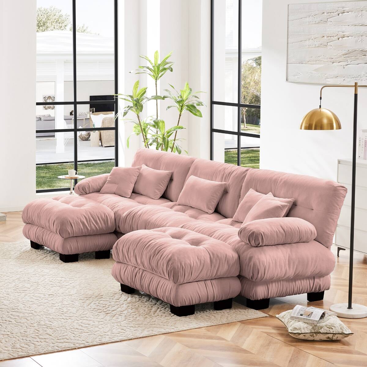 Angle. Ropilly - Ropilly Pink Chenille Sectional Sofa U Shaped Modular Deep Seat Cloud Couch with Ottomans - Pink.