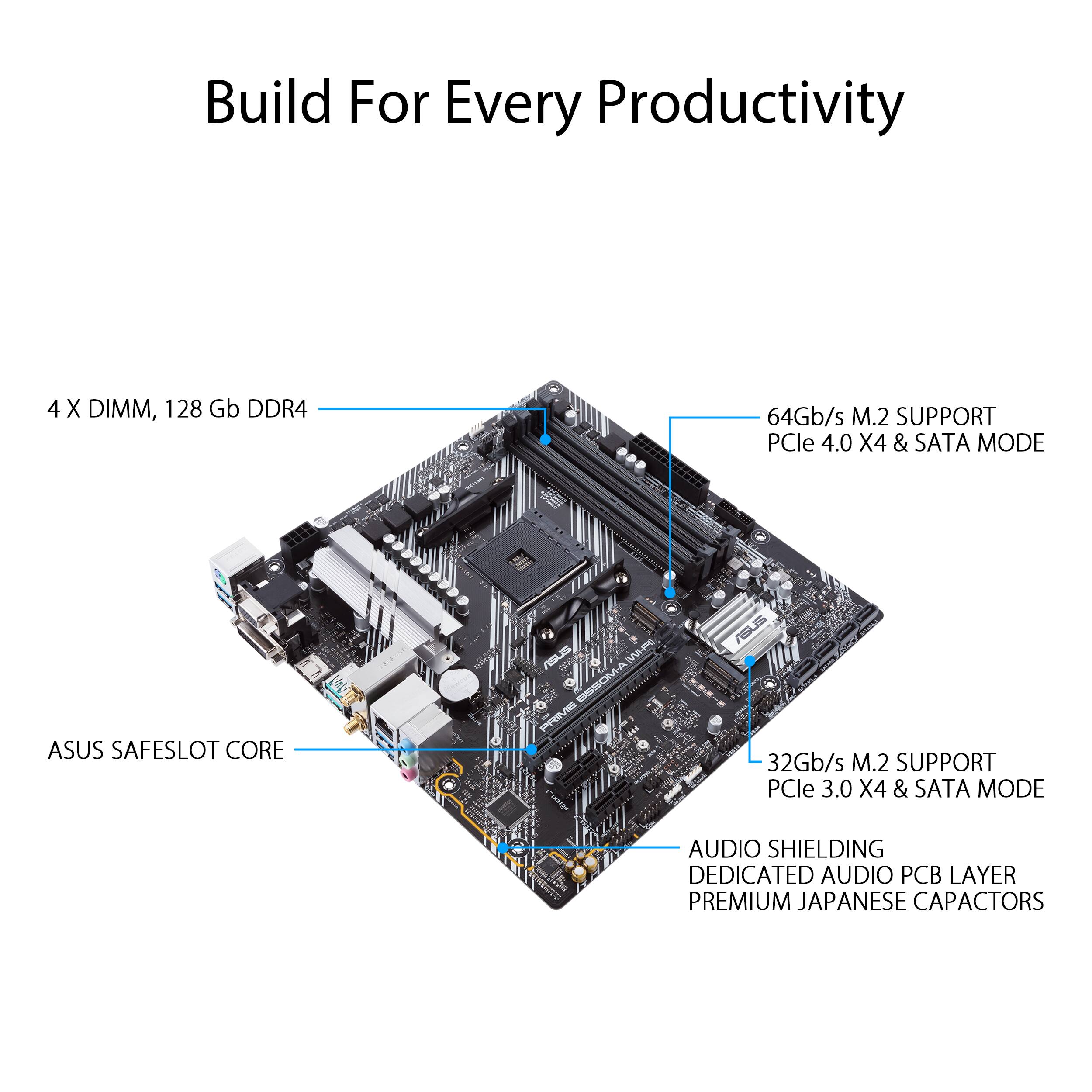 Build For Every Productivity

4 X DIMM, 128 Gb DDR4

64Gb/s M.2 SUPPORT PCle 4.0 X4 & SATA MODE

ASUS SAFESLOT CORE

32Gb/s M.2 SUPPORT PCle 3.0 X4 & SATA MODE

AUDIO SHIELDING

DEDICATED AUDIO PCB LAYER

PREMIUM JAPANESE CAPACITORS