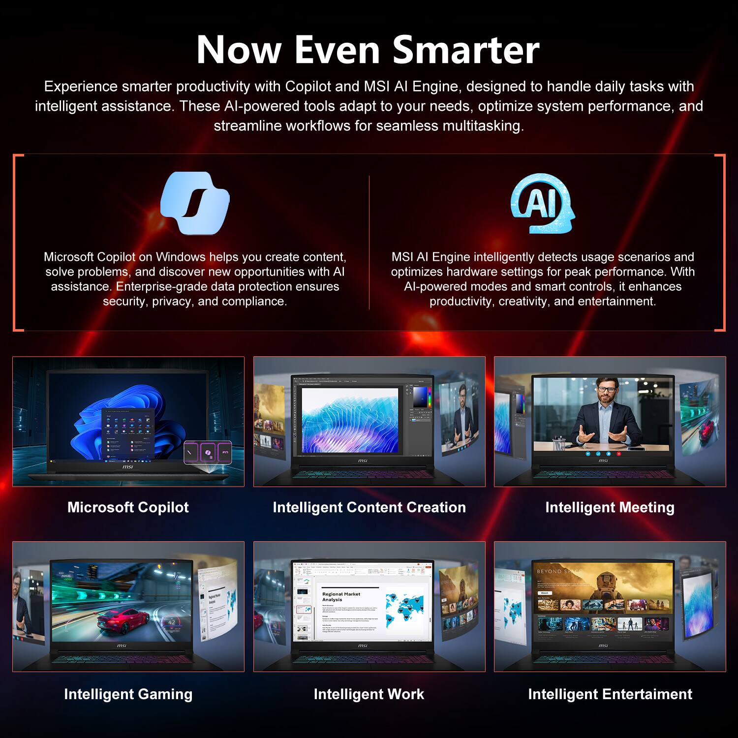 Now Even Smarter

Experience smarter productivity with Copilot and MSI AI Engine, designed to handle daily tasks with intelligent assistance. These AI-powered tools adapt to your needs, optimize system performance, and streamline workflows for seamless multitasking.

Microsoft Copilot on Windows helps you create content, solve problems, and discover new opportunities with AI assistance. Enterprise-grade data protection ensures security, privacy, and compliance.

MSI AI Engine intelligently detects usage scenarios and optimizes hardware settings for peak performance. With AI-powered modes and smart controls, it enhances productivity, creativity, and entertainment.

- Microsoft Copilot
- Intelligent Content Creation
- Intelligent Meeting
- Intelligent Gaming
- Intelligent Work
- Intelligent Entertainment