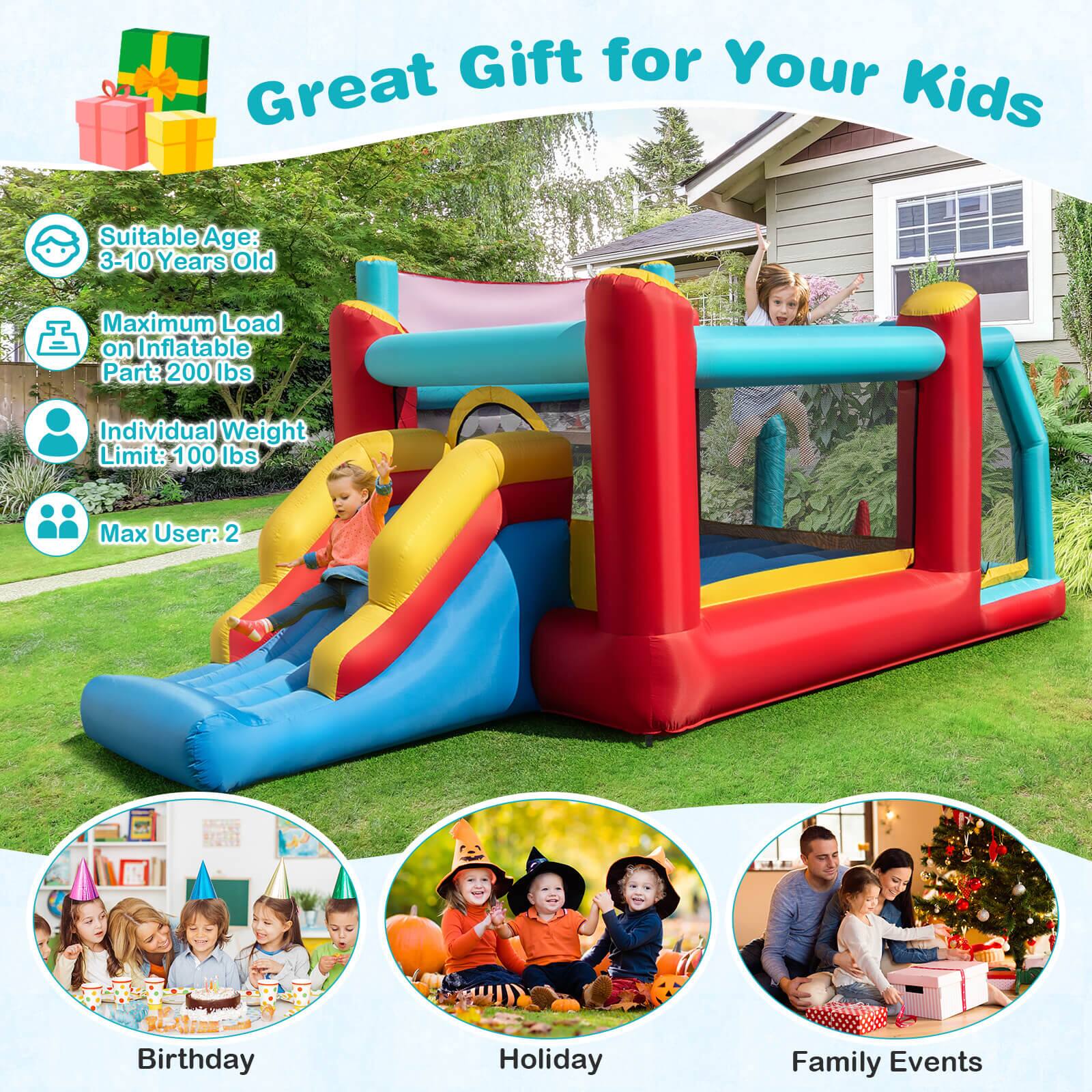 Gift for Your Great Kids Suitable Age: 3-10 Years Old Maximum Load on Inflatable Part: 200 lbs Individual Weight Limit: 100 lbs Max User: 2 Birthday Holiday Family Events