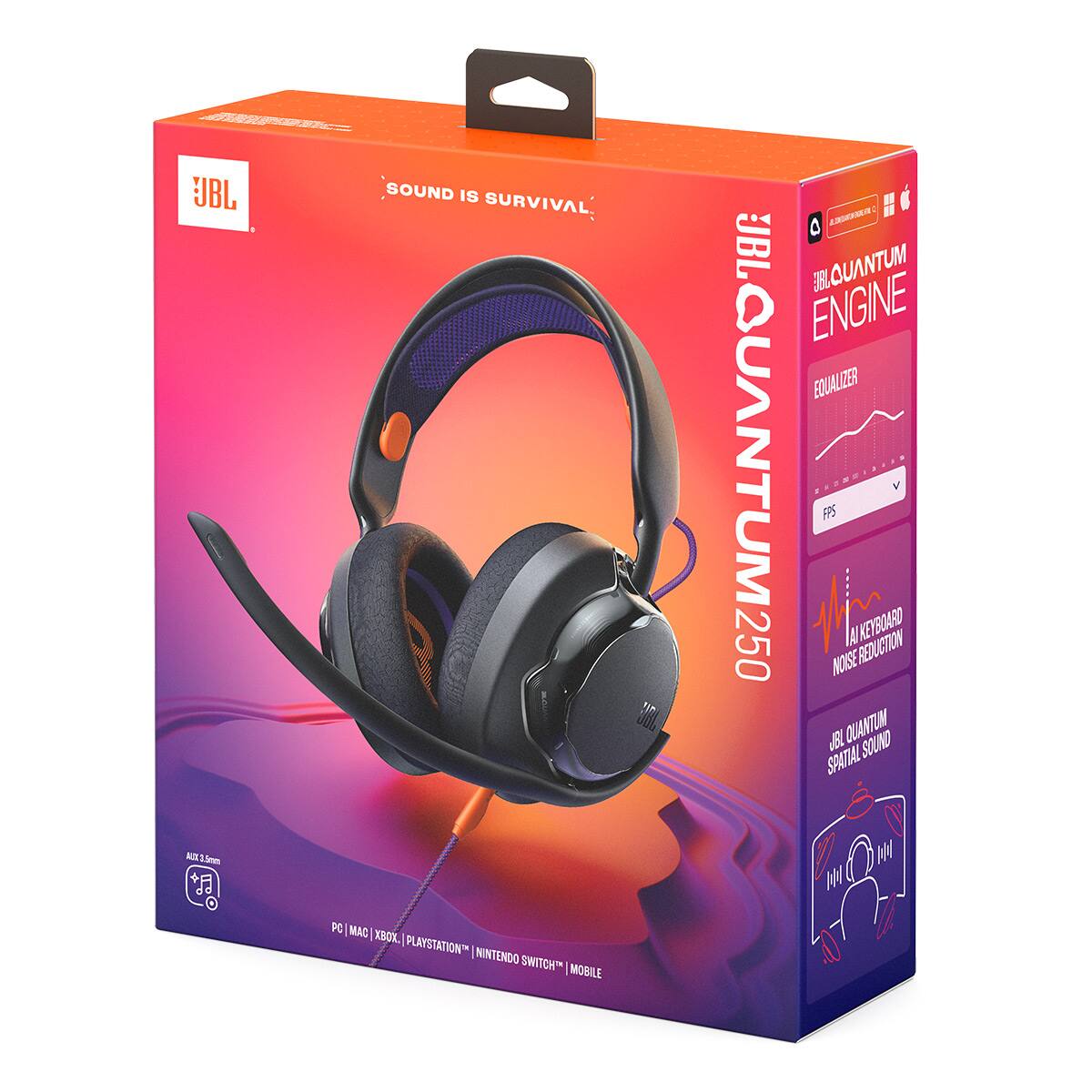 JBL SOUND IS SURVIVAL  
JBL QUANTUM 250  
PC | MAC | XBOX | PLAYSTATION | NINTENDO SWITCH | MOBILE  

- JBL QUANTUM ENGINE EQUALIZER  
- JBL QUANTUM SPATIAL SOUND  
- AI KEYBOARD NOISE REDUCTION  
- 380 QUANTUM ENGINE EQUALIZER  
- FPS  
- 380 QUANTUM  
- NOISE REDUCTION  
- KEYBOARD  
- SOUND SPATIAL