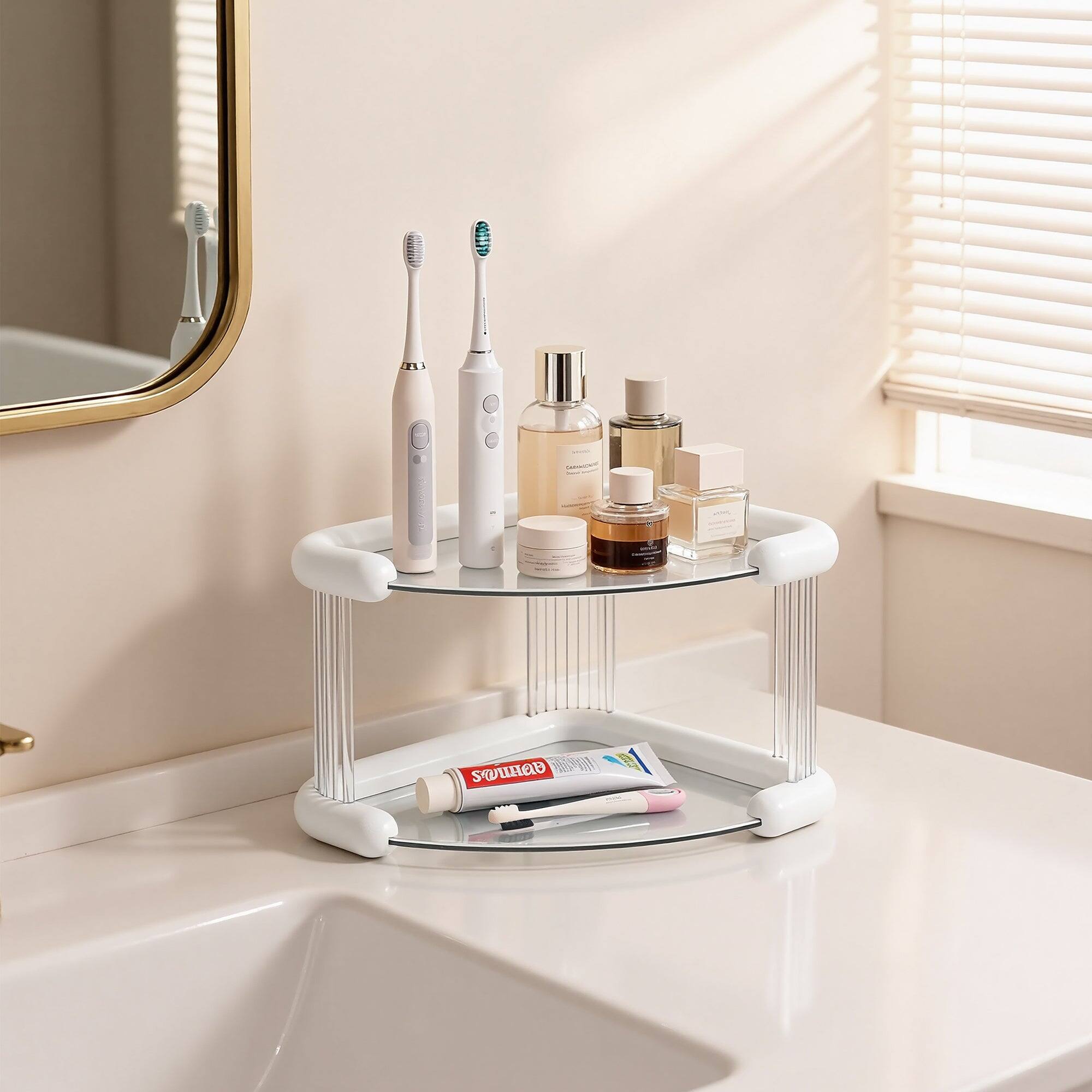 Alt View 2. Vecelo - Triangle Corner Desktop Organizer, 2 Tier Plastic Countertop Storage Rack for Kitchen, Vanity, Office - White.