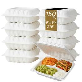 Eco Harmony Products - Clamshell (MFPP) Hinged Container (Corner Lock), 3-compartment, 9" x 9", 150-Pack - White