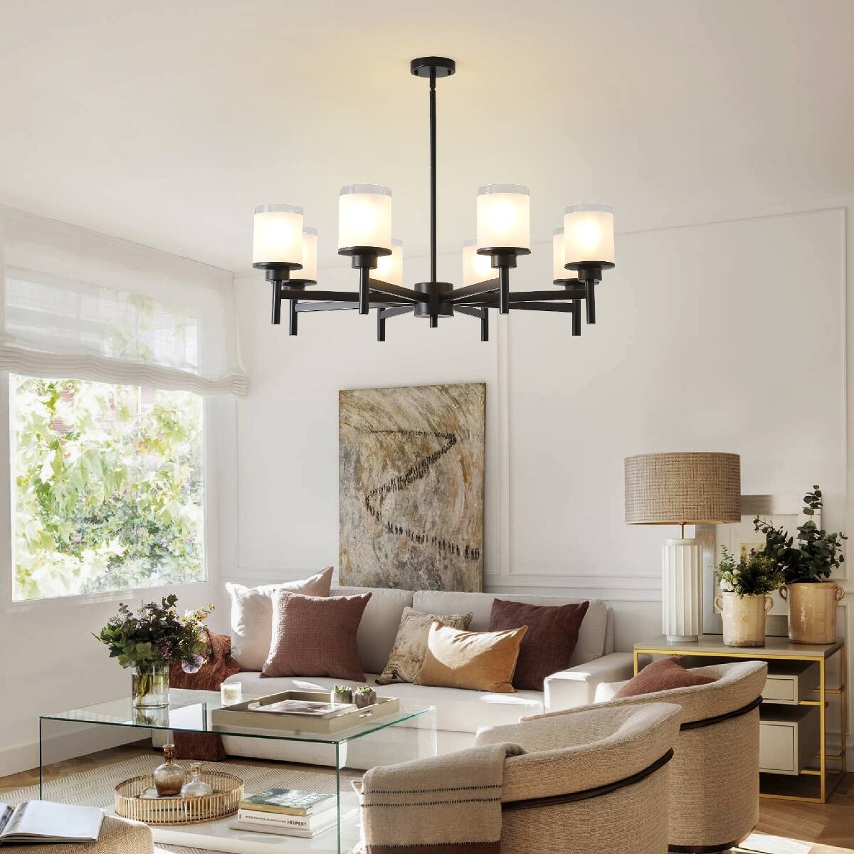 Alt View 3. Loheer - Loheer Eight Light Farmhouse Chandelier Matte Black Metal Frosted Glass for Dining Room.